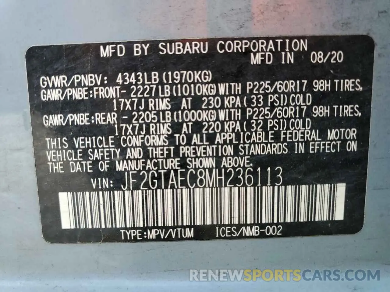 13 Photograph of a damaged car JF2GTAEC8MH236113 SUBARU CROSSTREK 2021