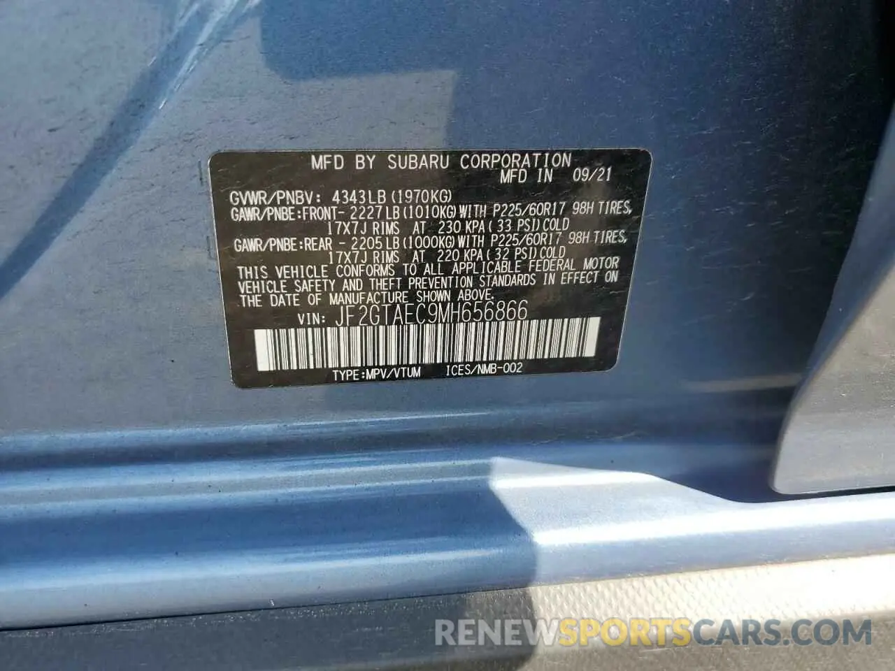 12 Photograph of a damaged car JF2GTAEC9MH656866 SUBARU CROSSTREK 2021