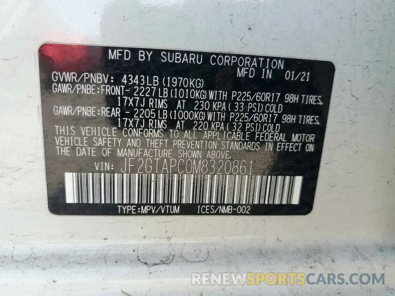 12 Photograph of a damaged car JF2GTAPC0M8320861 SUBARU CROSSTREK 2021
