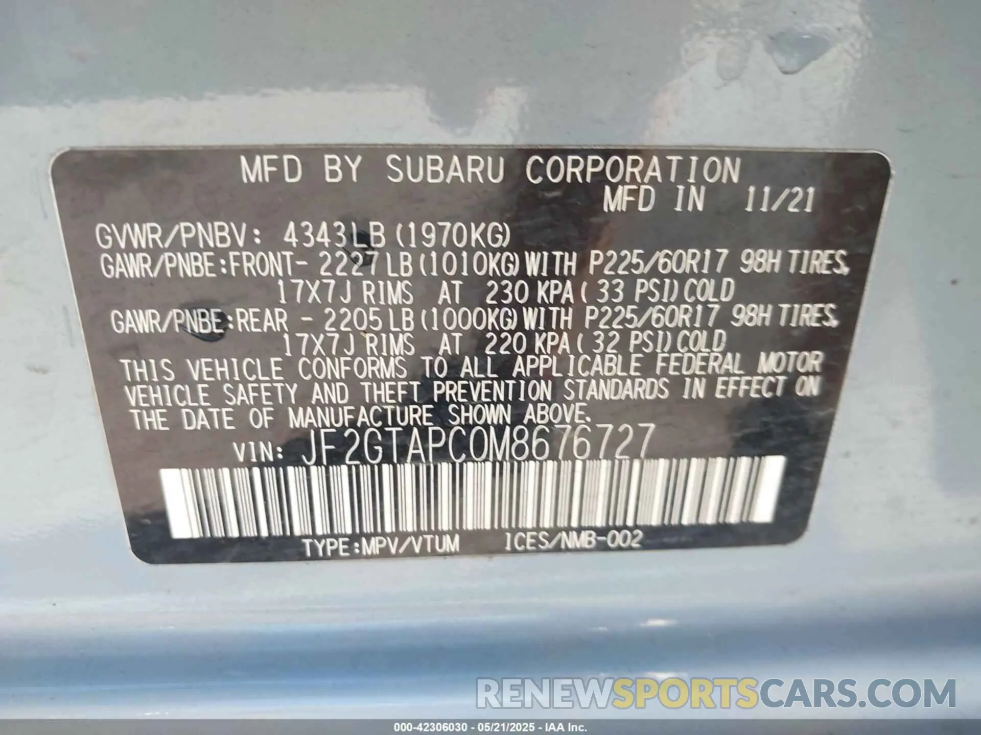 9 Photograph of a damaged car JF2GTAPC0M8676727 SUBARU CROSSTREK 2021