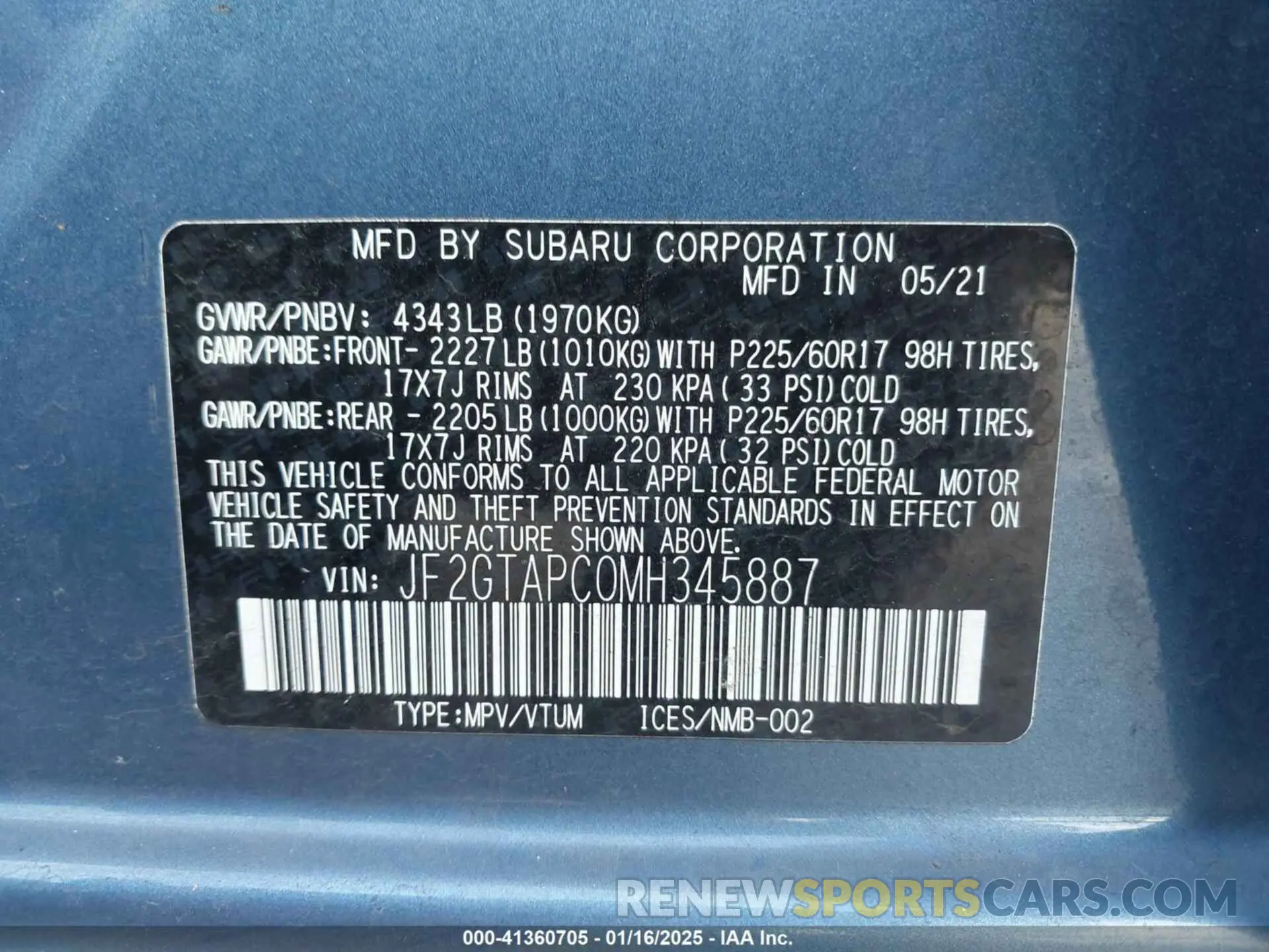 9 Photograph of a damaged car JF2GTAPC0MH345887 SUBARU CROSSTREK 2021
