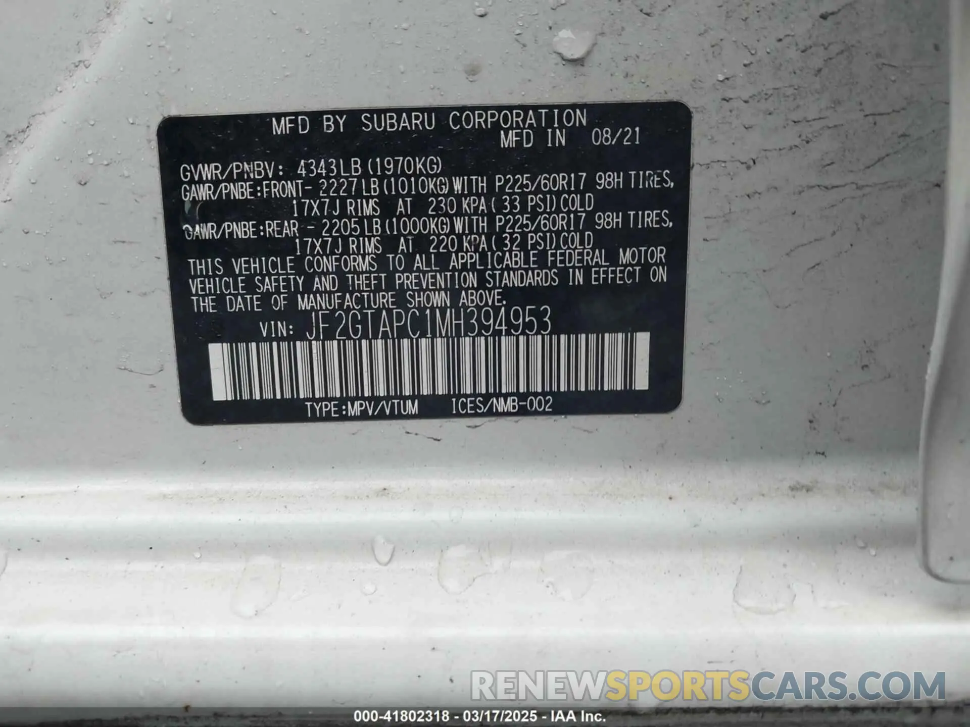 9 Photograph of a damaged car JF2GTAPC1MH394953 SUBARU CROSSTREK 2021
