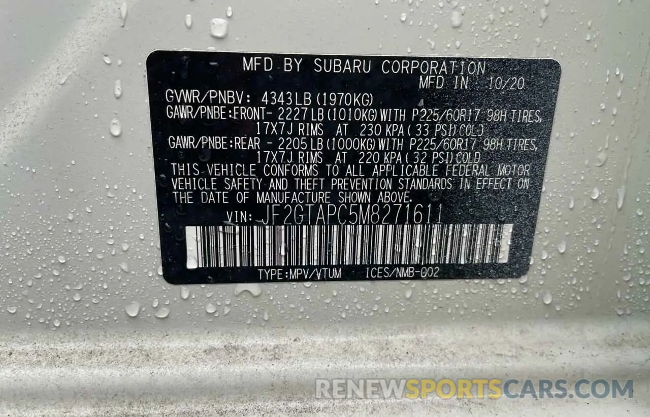 10 Photograph of a damaged car JF2GTAPC5M8271611 SUBARU CROSSTREK 2021