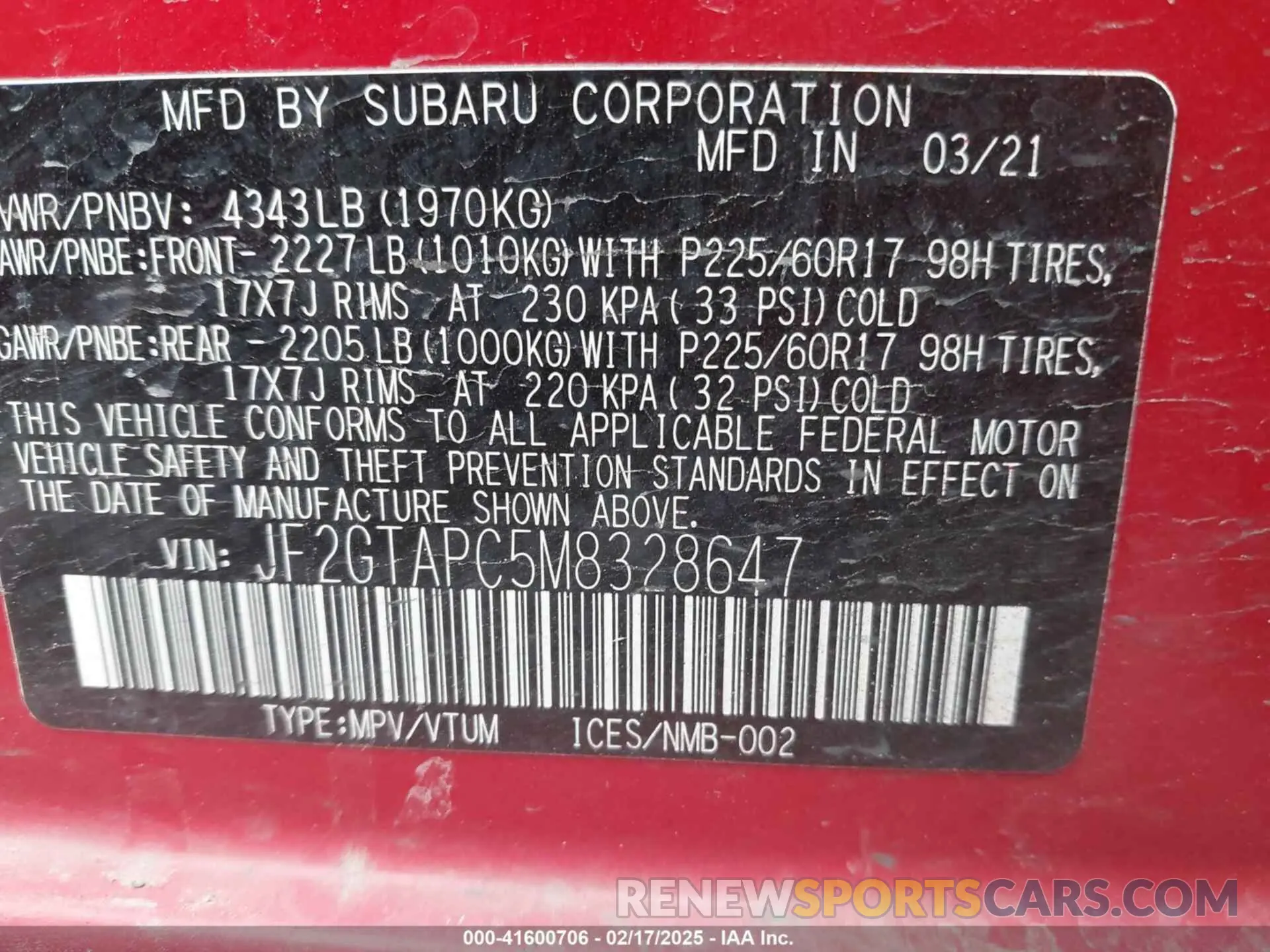 9 Photograph of a damaged car JF2GTAPC5M8328647 SUBARU CROSSTREK 2021