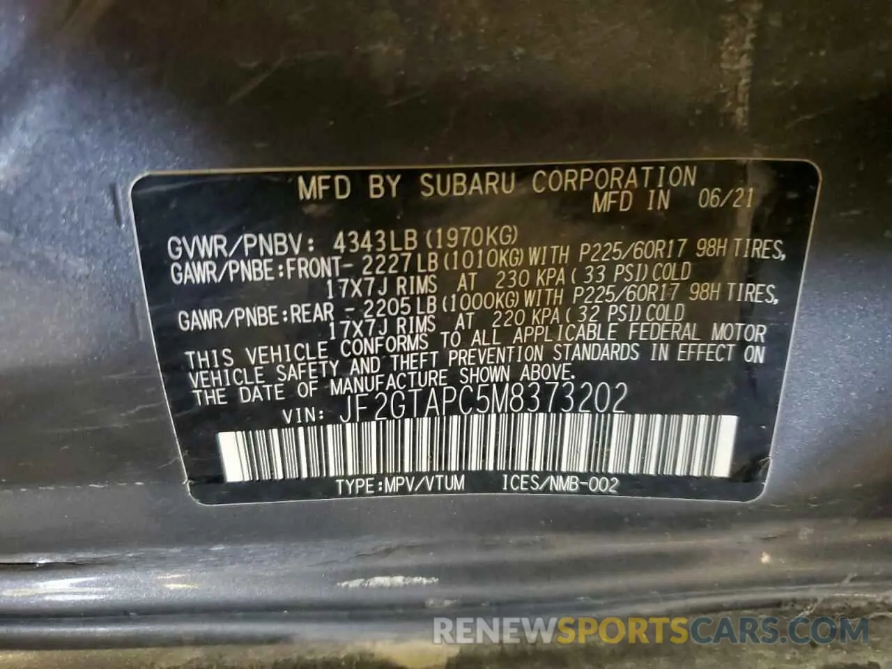 13 Photograph of a damaged car JF2GTAPC5M8373202 SUBARU CROSSTREK 2021