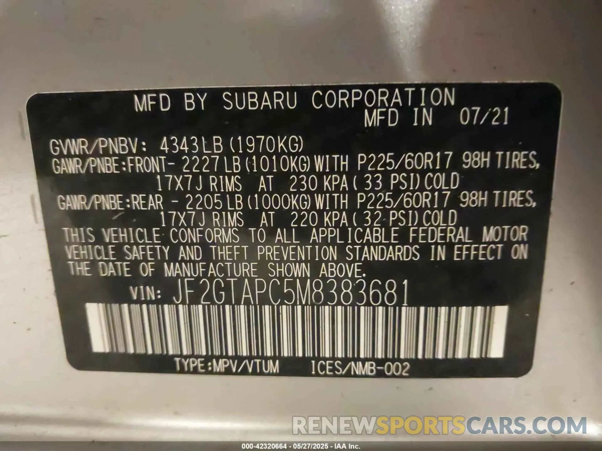 9 Photograph of a damaged car JF2GTAPC5M8383681 SUBARU CROSSTREK 2021