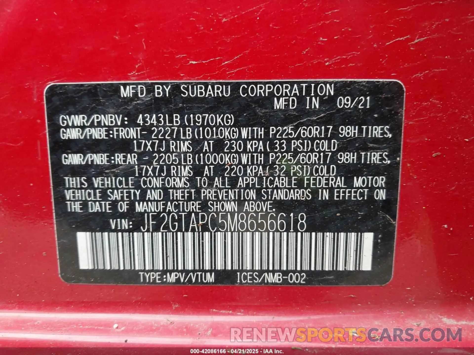 9 Photograph of a damaged car JF2GTAPC5M8656618 SUBARU CROSSTREK 2021