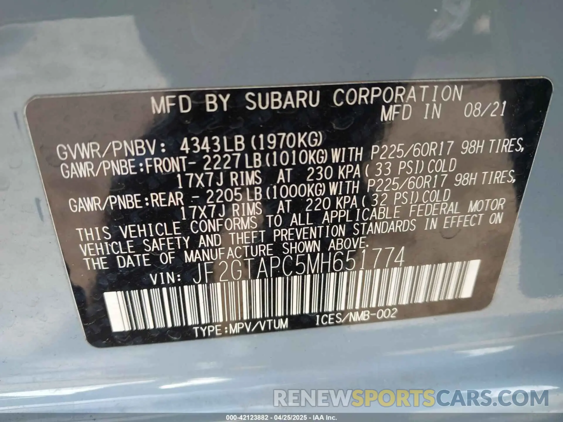 9 Photograph of a damaged car JF2GTAPC5MH651774 SUBARU CROSSTREK 2021