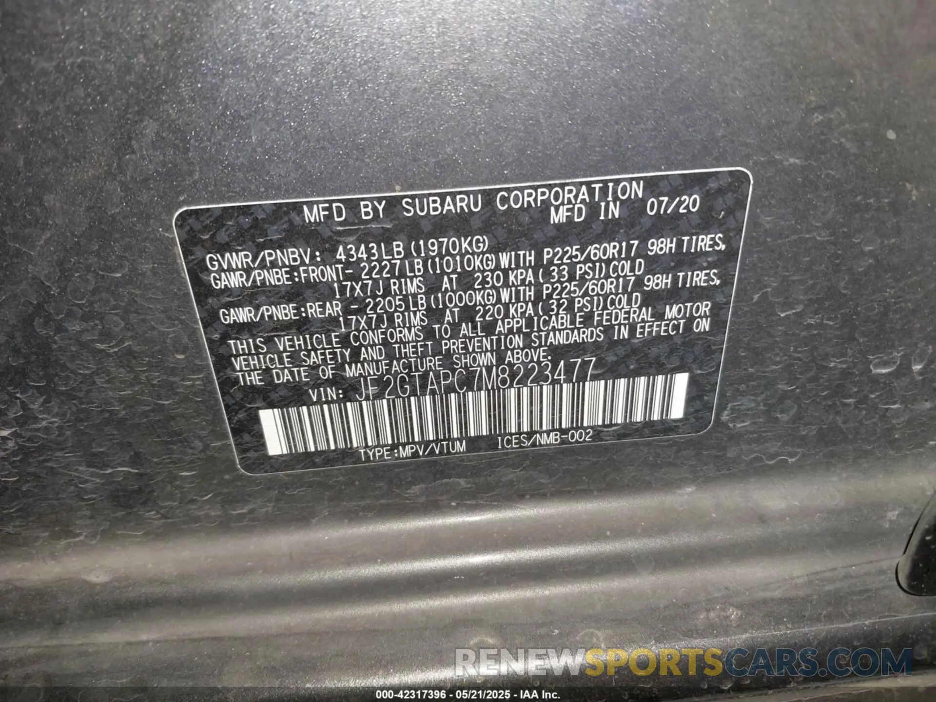 9 Photograph of a damaged car JF2GTAPC7M8223477 SUBARU CROSSTREK 2021