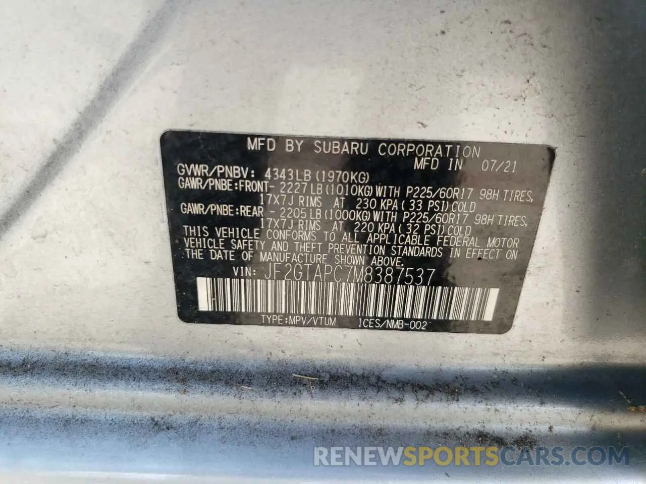 13 Photograph of a damaged car JF2GTAPC7M8387537 SUBARU CROSSTREK 2021