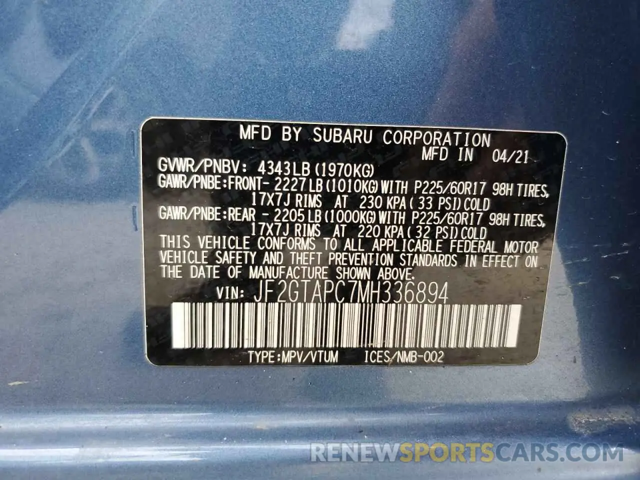 13 Photograph of a damaged car JF2GTAPC7MH336894 SUBARU CROSSTREK 2021