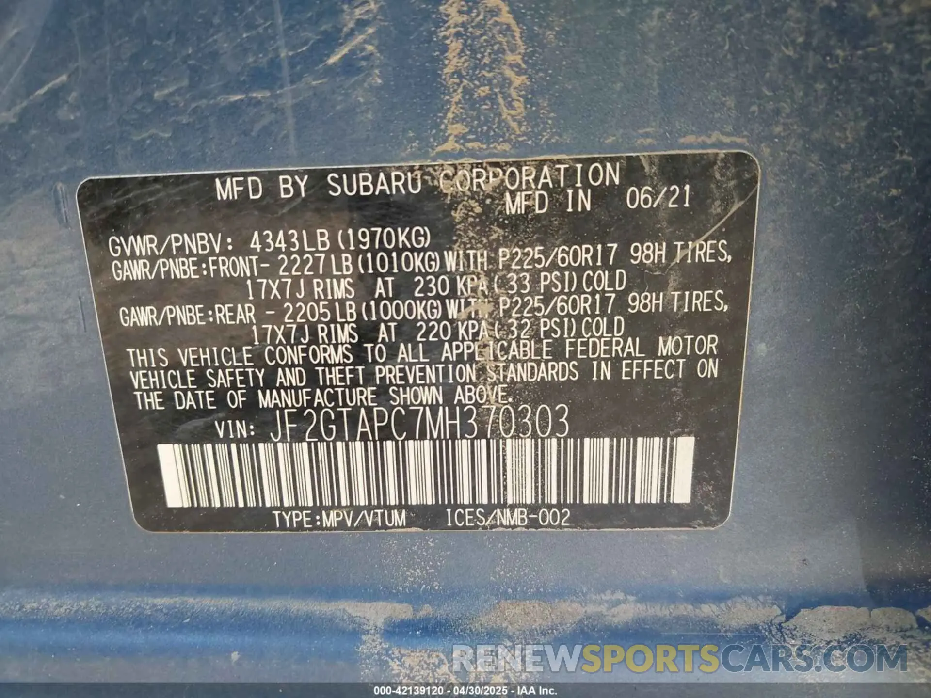 9 Photograph of a damaged car JF2GTAPC7MH370303 SUBARU CROSSTREK 2021