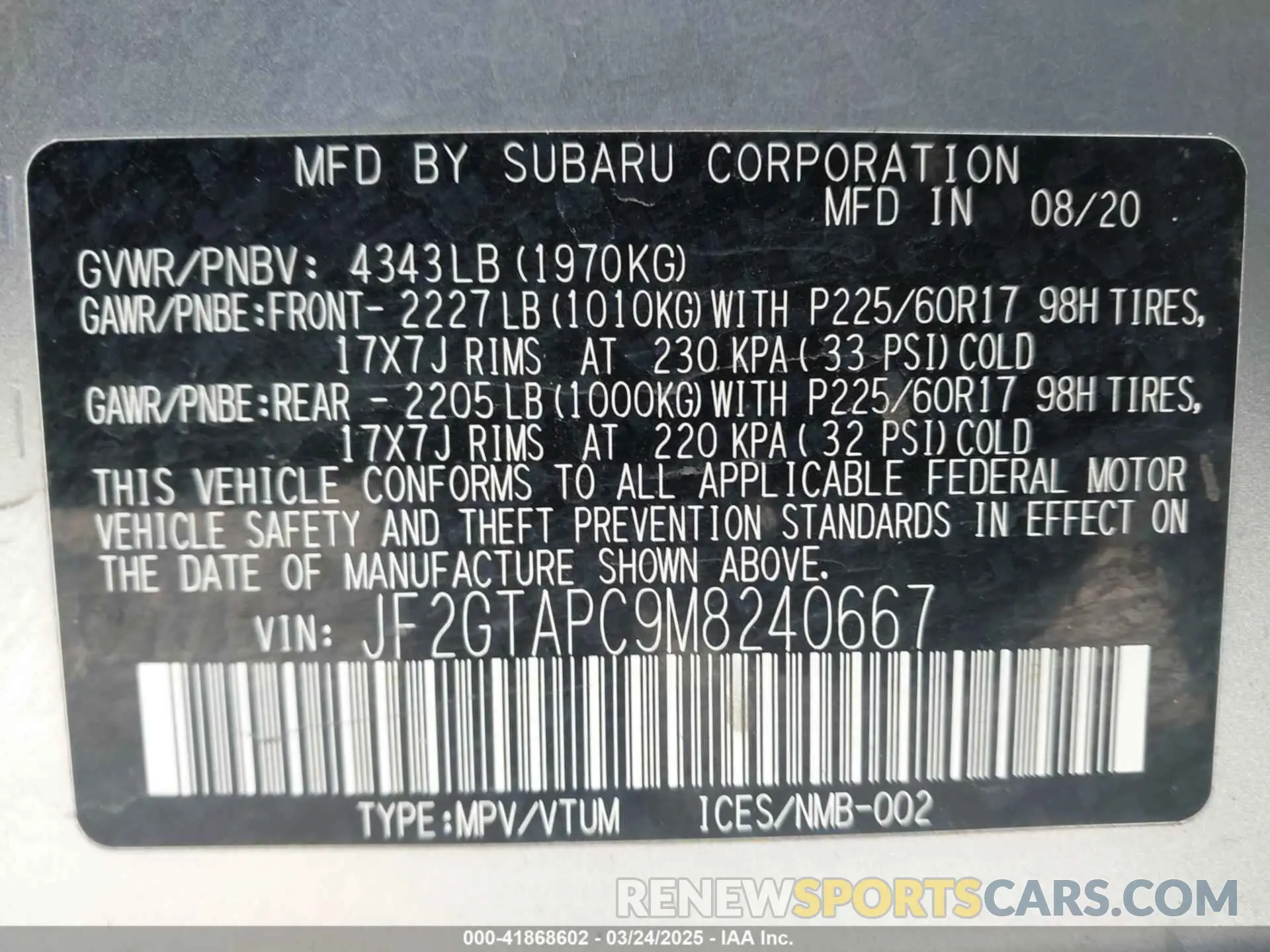 9 Photograph of a damaged car JF2GTAPC9M8240667 SUBARU CROSSTREK 2021
