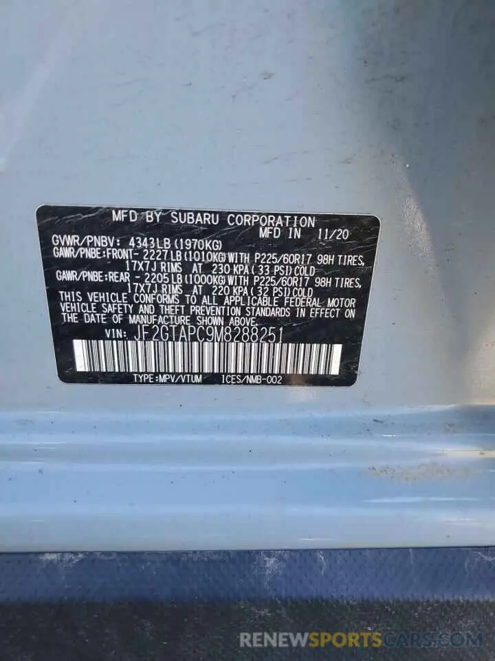12 Photograph of a damaged car JF2GTAPC9M8288251 SUBARU CROSSTREK 2021