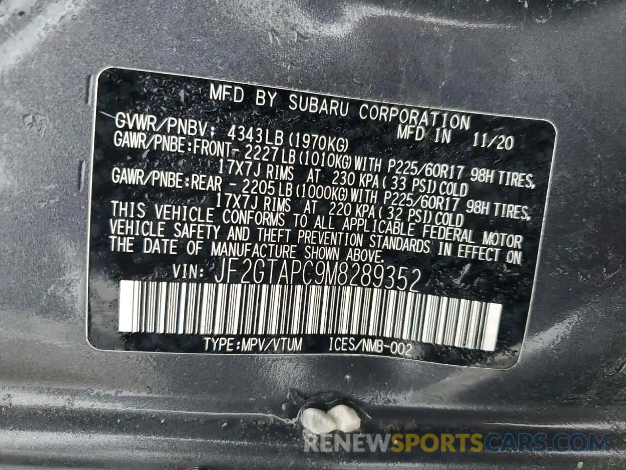 12 Photograph of a damaged car JF2GTAPC9M8289352 SUBARU CROSSTREK 2021
