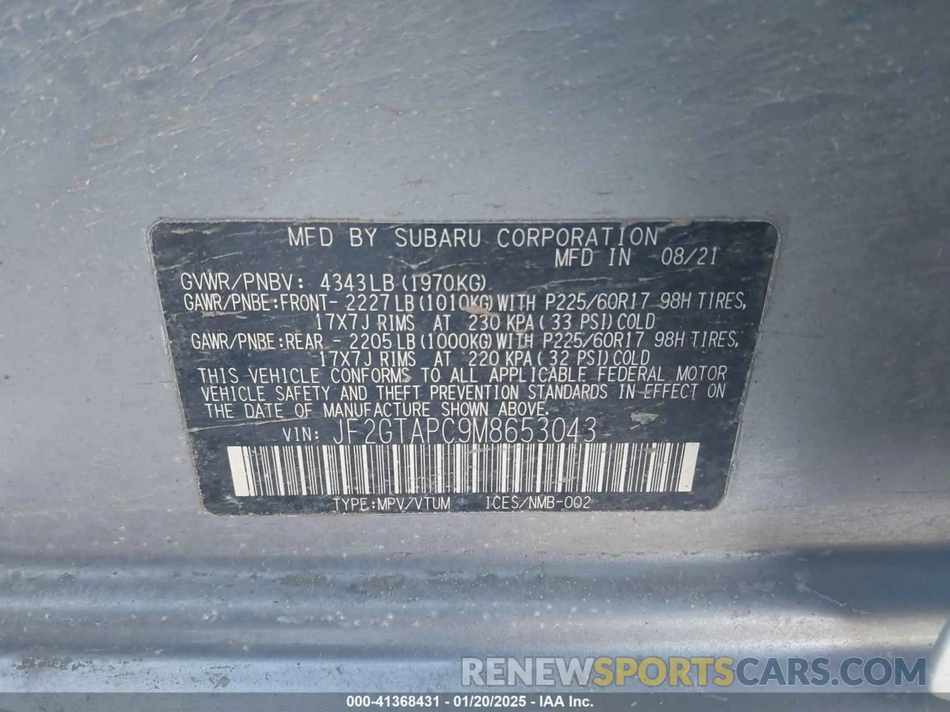 9 Photograph of a damaged car JF2GTAPC9M8653043 SUBARU CROSSTREK 2021