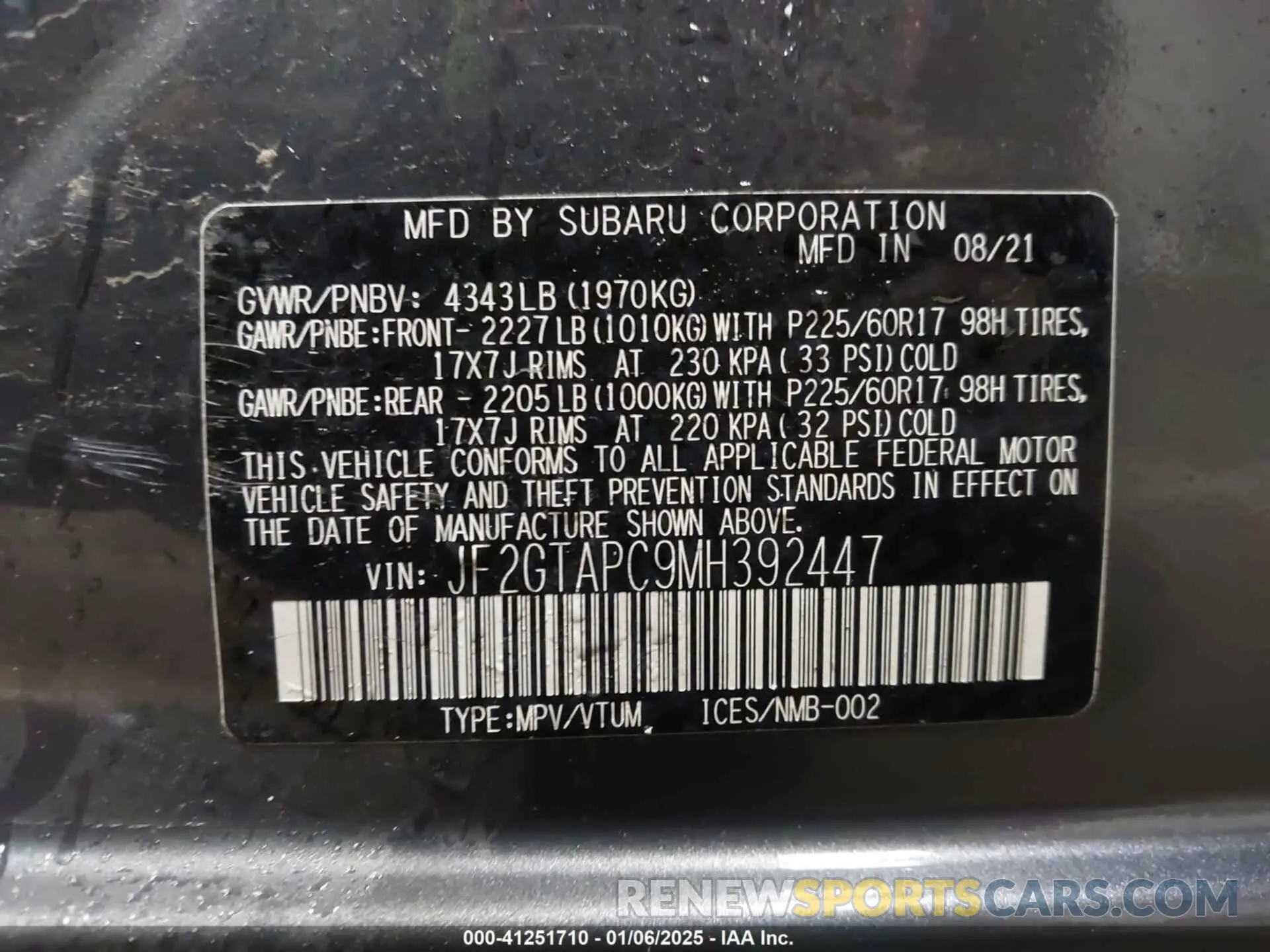 9 Photograph of a damaged car JF2GTAPC9MH392447 SUBARU CROSSTREK 2021