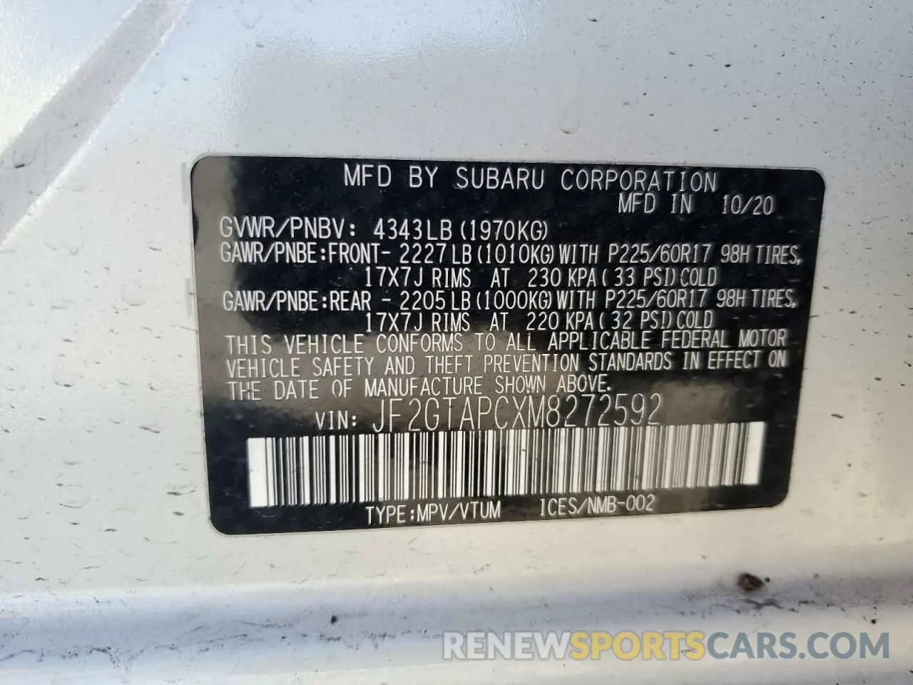16 Photograph of a damaged car JF2GTAPCXM8272592 SUBARU CROSSTREK 2021