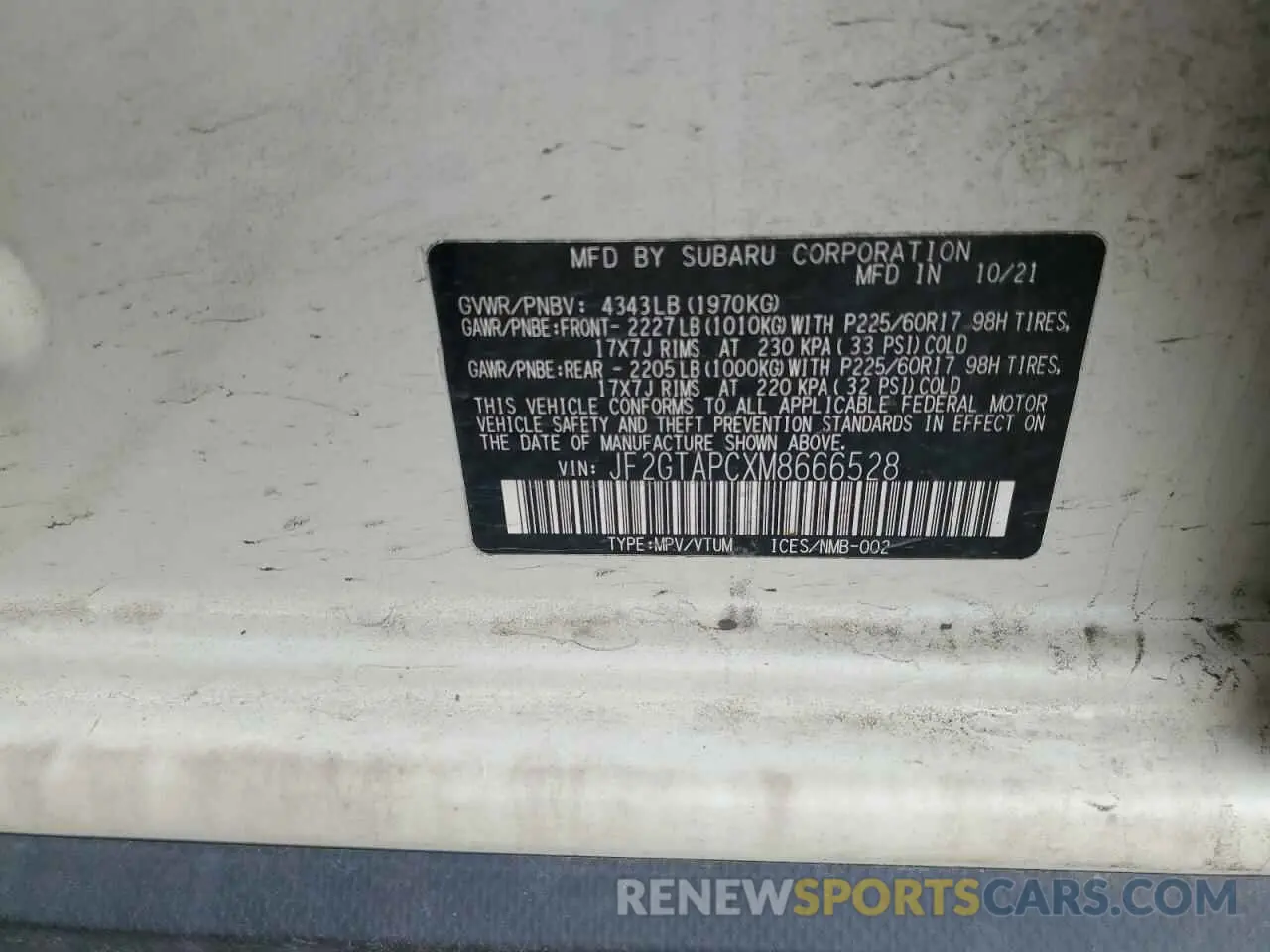 12 Photograph of a damaged car JF2GTAPCXM8666528 SUBARU CROSSTREK 2021