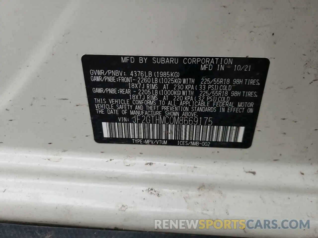 12 Photograph of a damaged car JF2GTHMC0M8669175 SUBARU CROSSTREK 2021