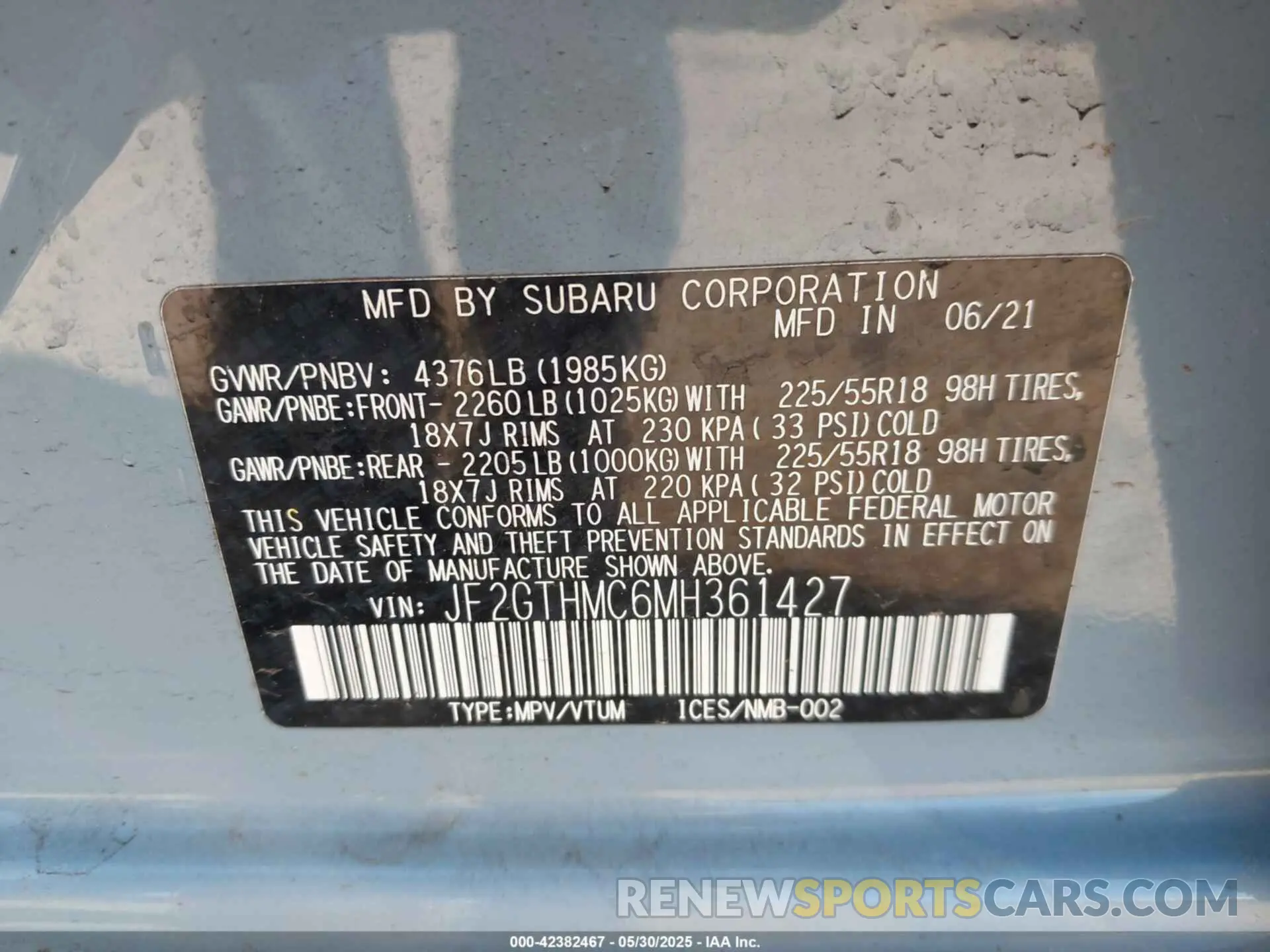 9 Photograph of a damaged car JF2GTHMC6MH361427 SUBARU CROSSTREK 2021