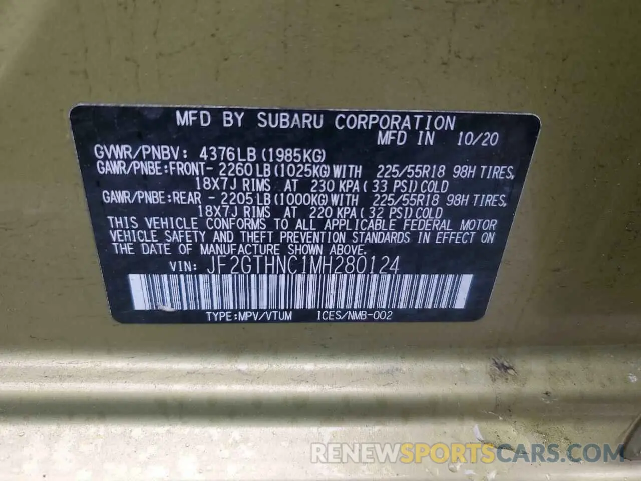 12 Photograph of a damaged car JF2GTHNC1MH280124 SUBARU CROSSTREK 2021