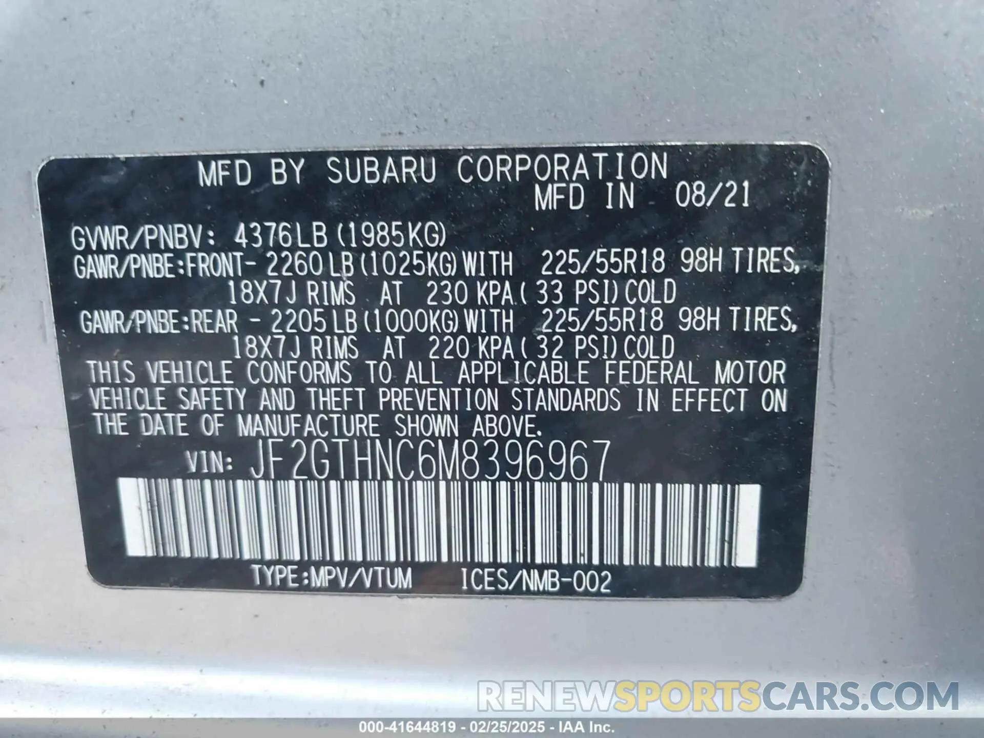 9 Photograph of a damaged car JF2GTHNC6M8396967 SUBARU CROSSTREK 2021