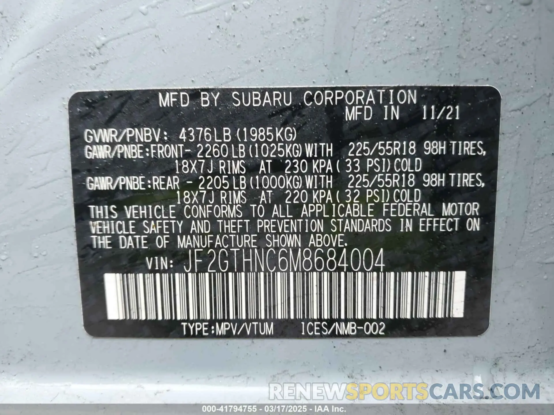 9 Photograph of a damaged car JF2GTHNC6M8684004 SUBARU CROSSTREK 2021
