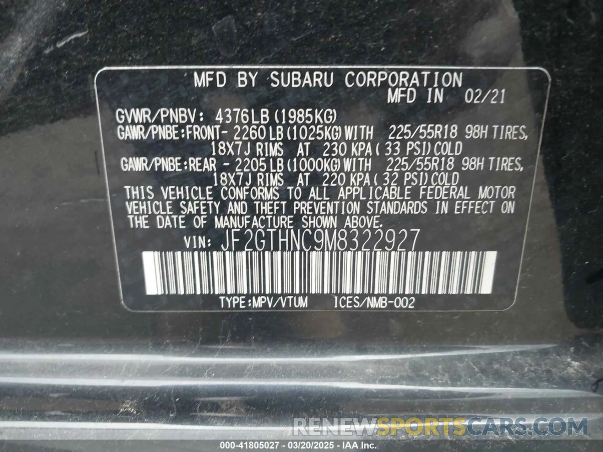 9 Photograph of a damaged car JF2GTHNC9M8322927 SUBARU CROSSTREK 2021