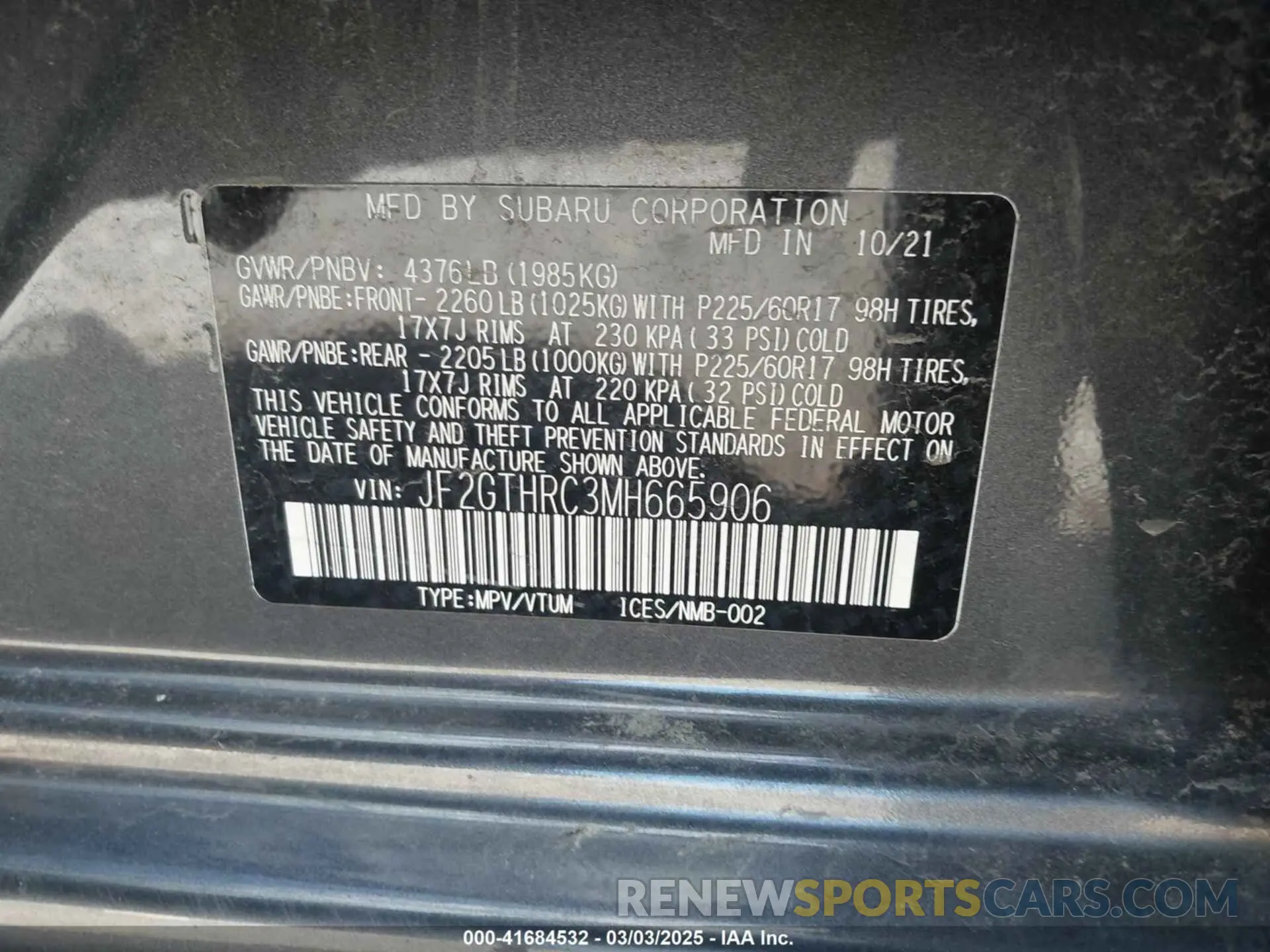 9 Photograph of a damaged car JF2GTHRC3MH665906 SUBARU CROSSTREK 2021
