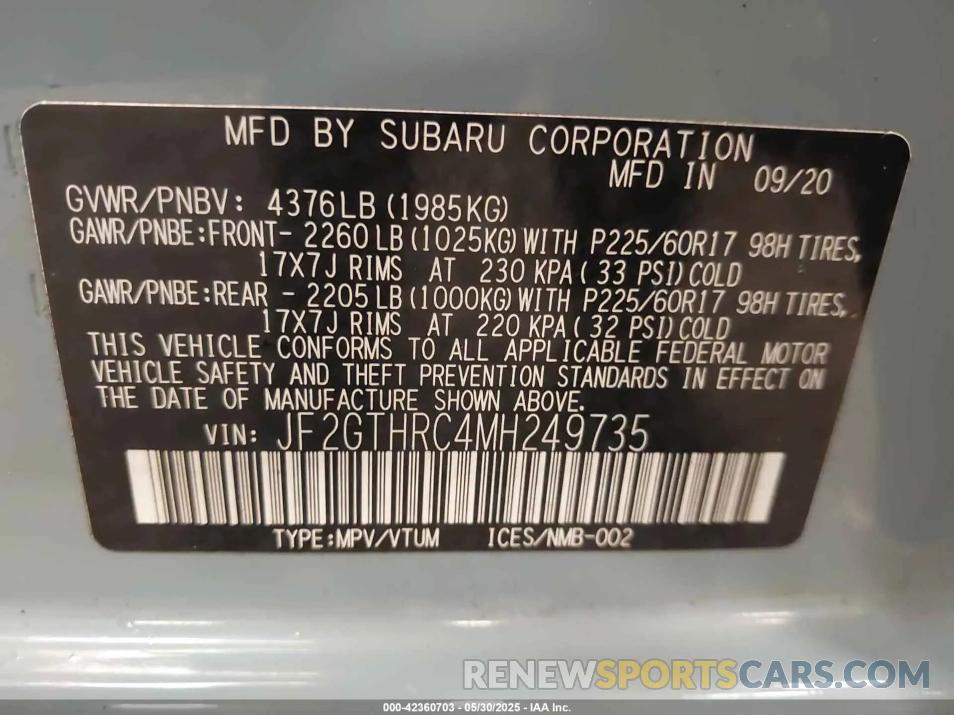 9 Photograph of a damaged car JF2GTHRC4MH249735 SUBARU CROSSTREK 2021