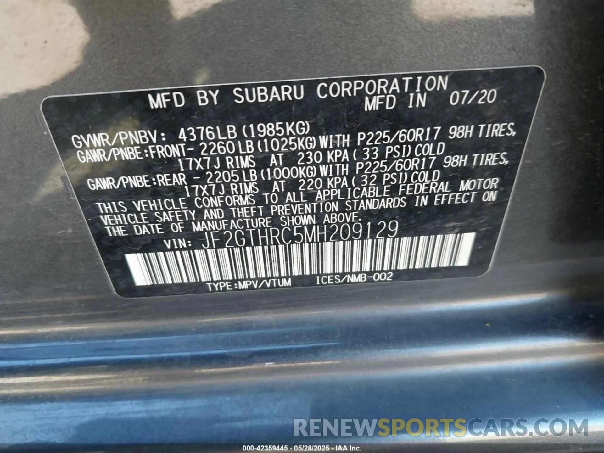 9 Photograph of a damaged car JF2GTHRC5MH209129 SUBARU CROSSTREK 2021