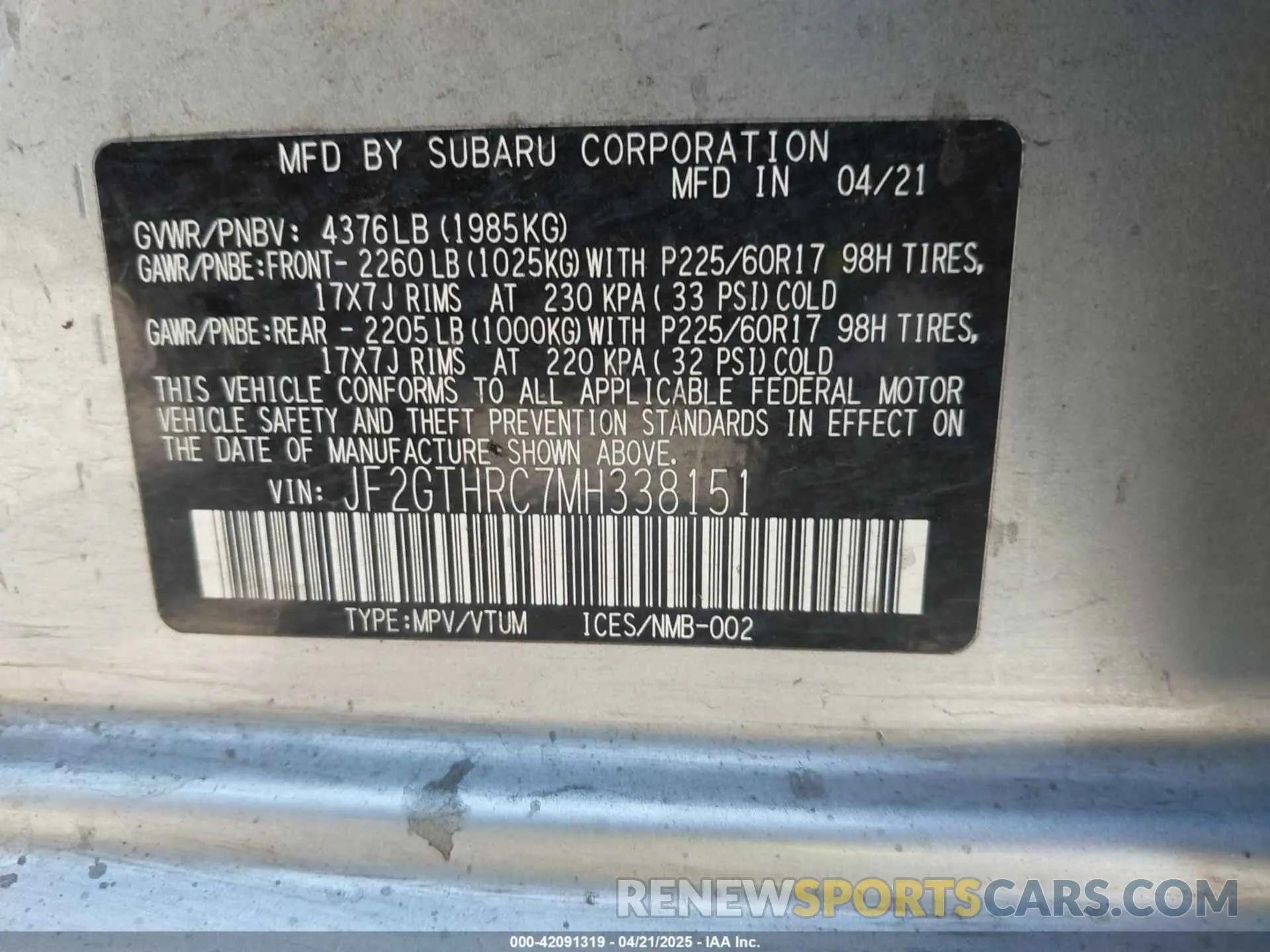 9 Photograph of a damaged car JF2GTHRC7MH338151 SUBARU CROSSTREK 2021