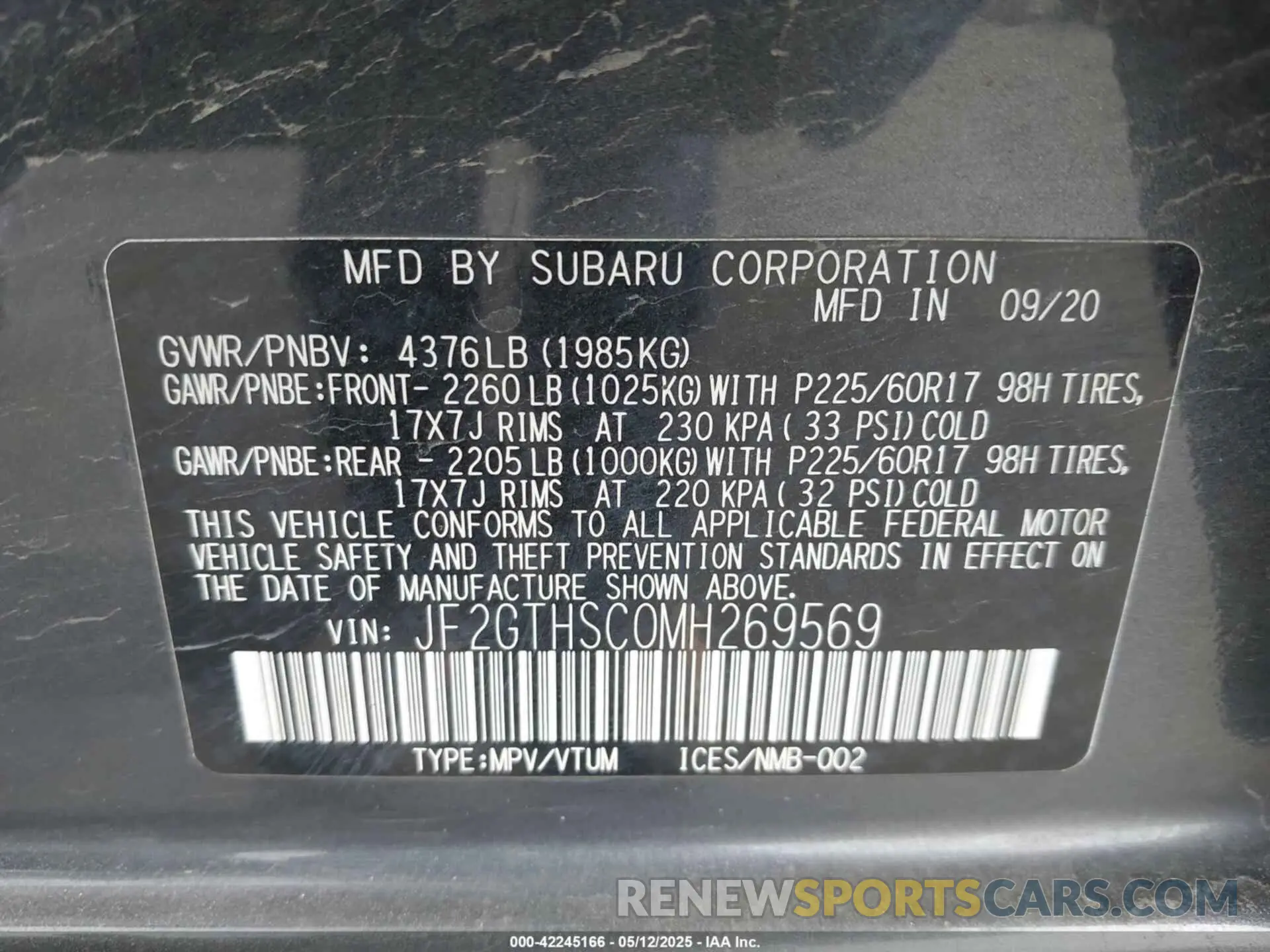 9 Photograph of a damaged car JF2GTHSC0MH269569 SUBARU CROSSTREK 2021