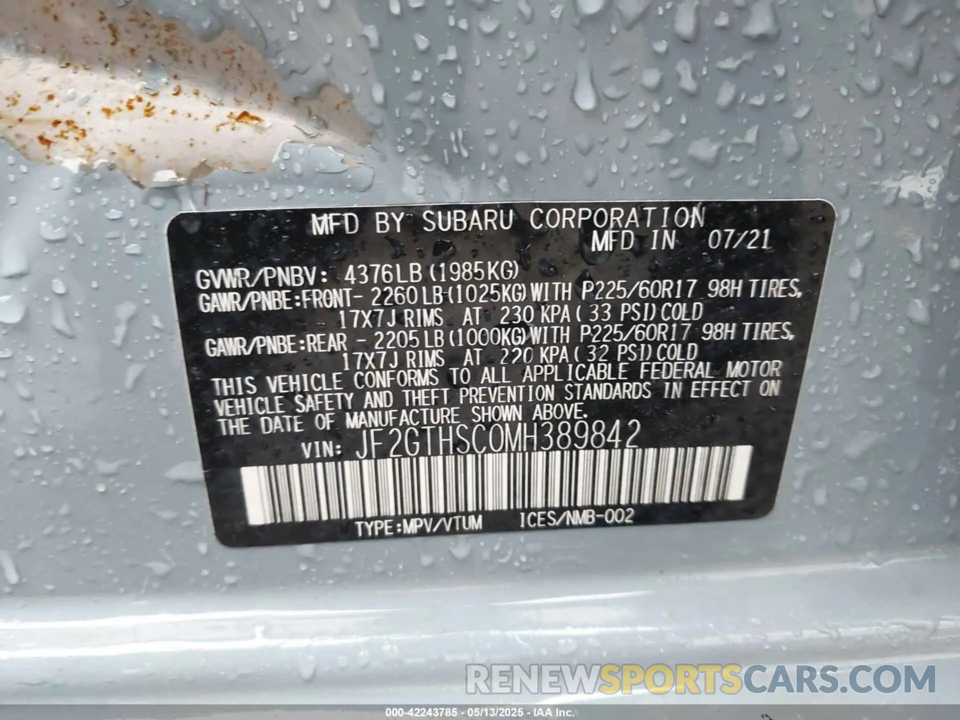 9 Photograph of a damaged car JF2GTHSC0MH389842 SUBARU CROSSTREK 2021
