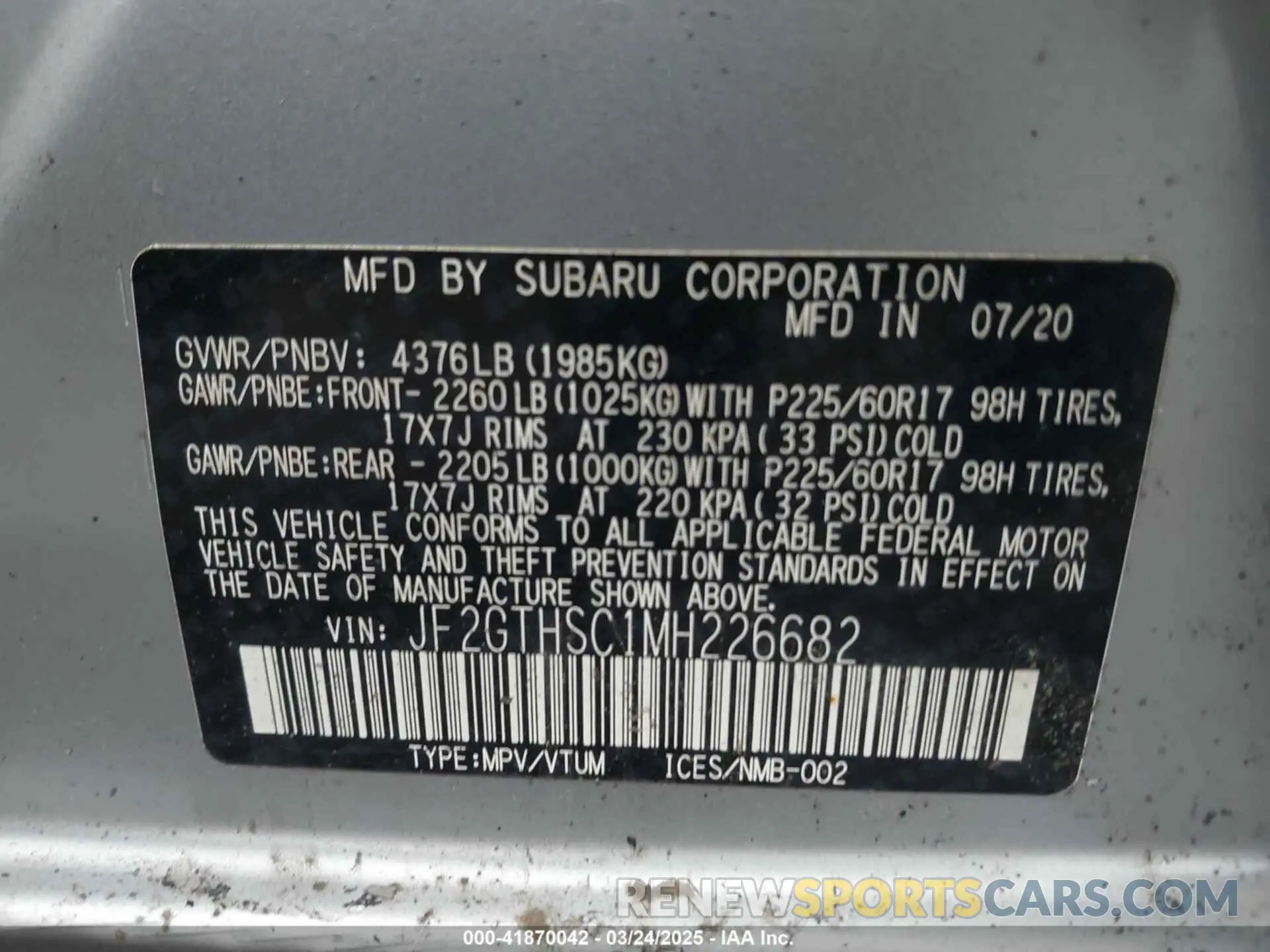 9 Photograph of a damaged car JF2GTHSC1MH226682 SUBARU CROSSTREK 2021