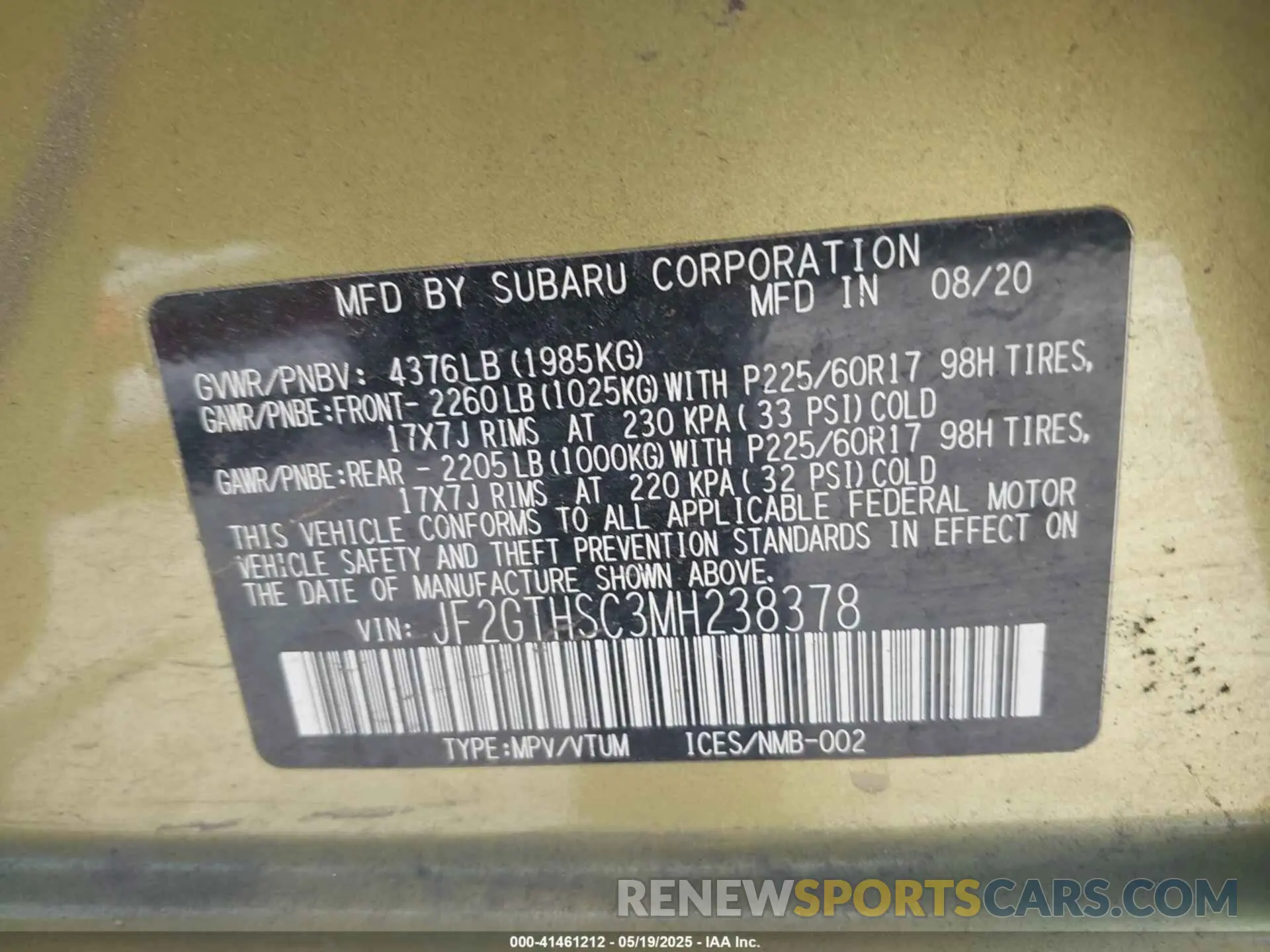 9 Photograph of a damaged car JF2GTHSC3MH238378 SUBARU CROSSTREK 2021