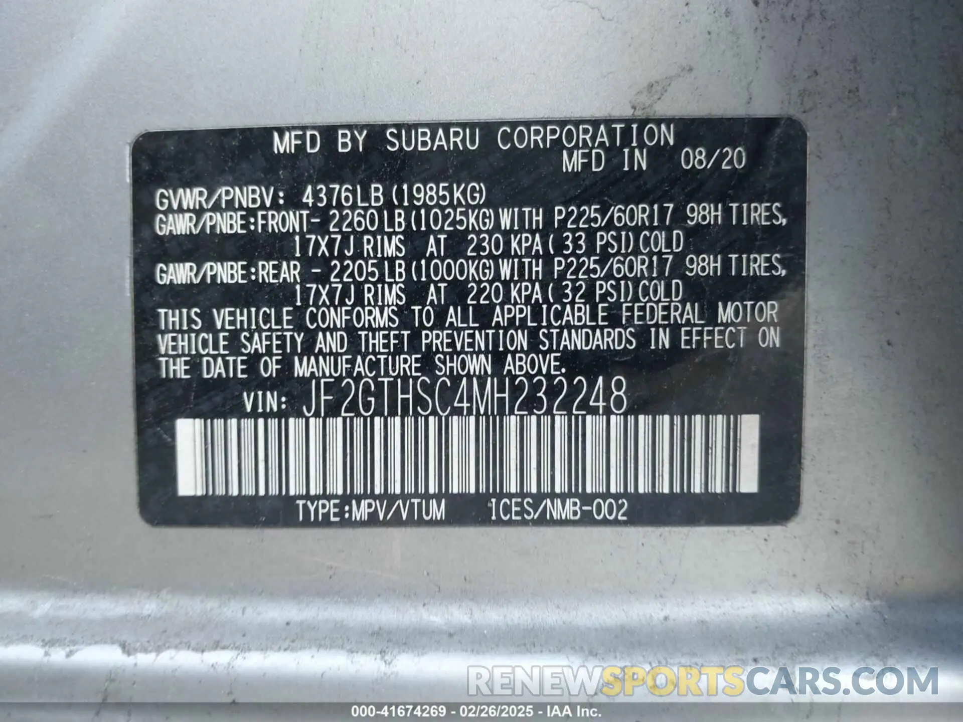 9 Photograph of a damaged car JF2GTHSC4MH232248 SUBARU CROSSTREK 2021