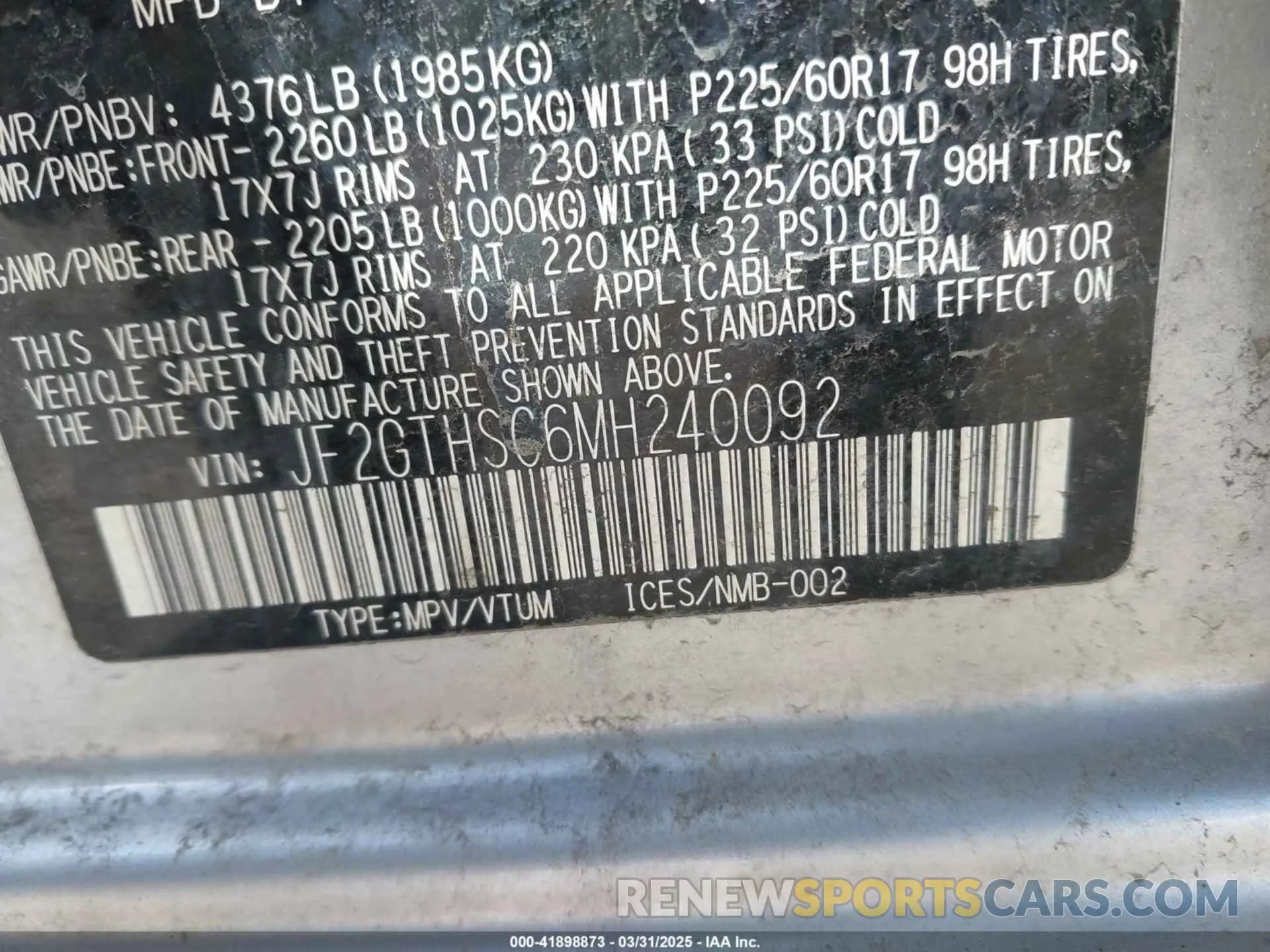 9 Photograph of a damaged car JF2GTHSC6MH240092 SUBARU CROSSTREK 2021
