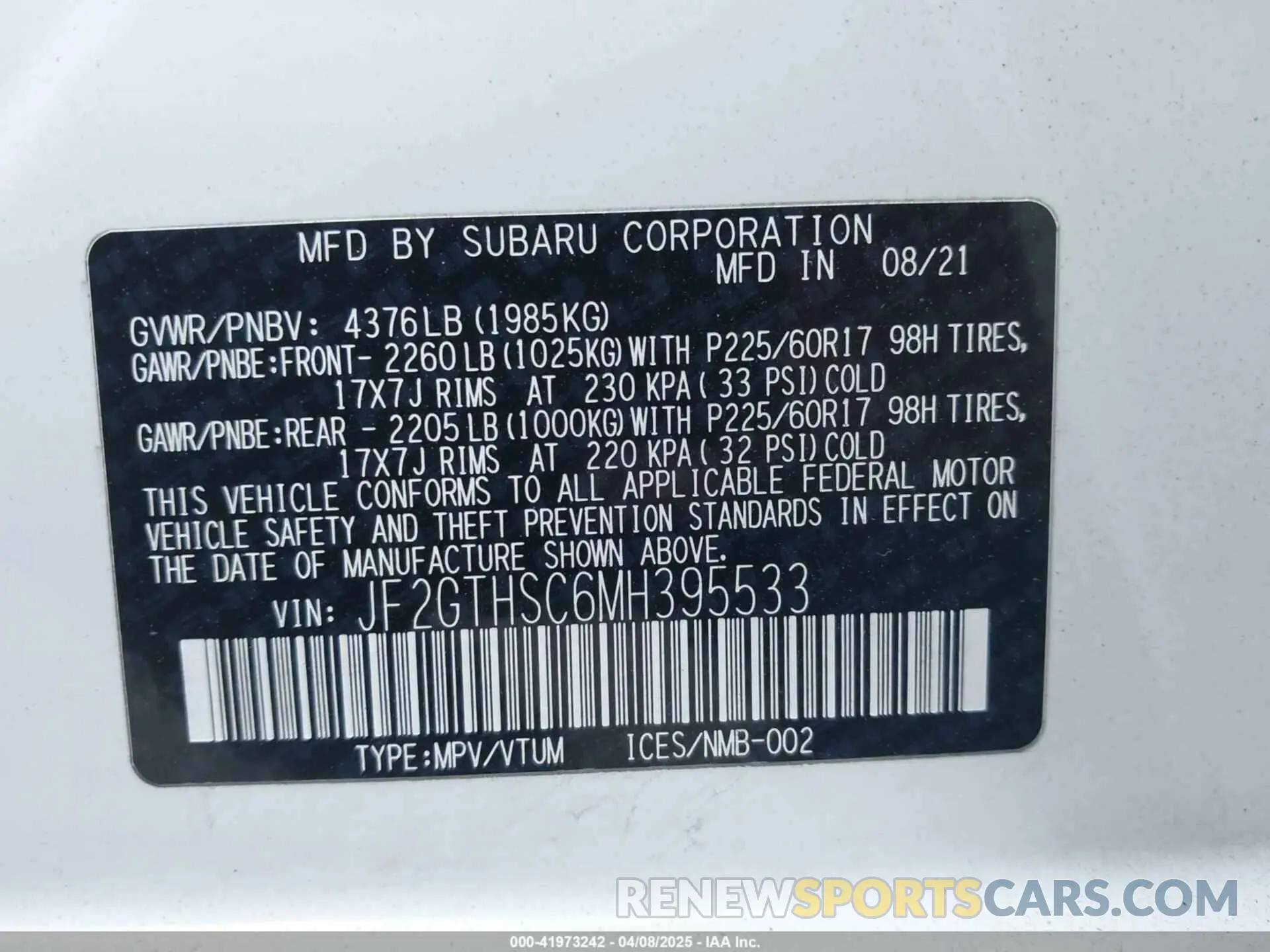 9 Photograph of a damaged car JF2GTHSC6MH395533 SUBARU CROSSTREK 2021