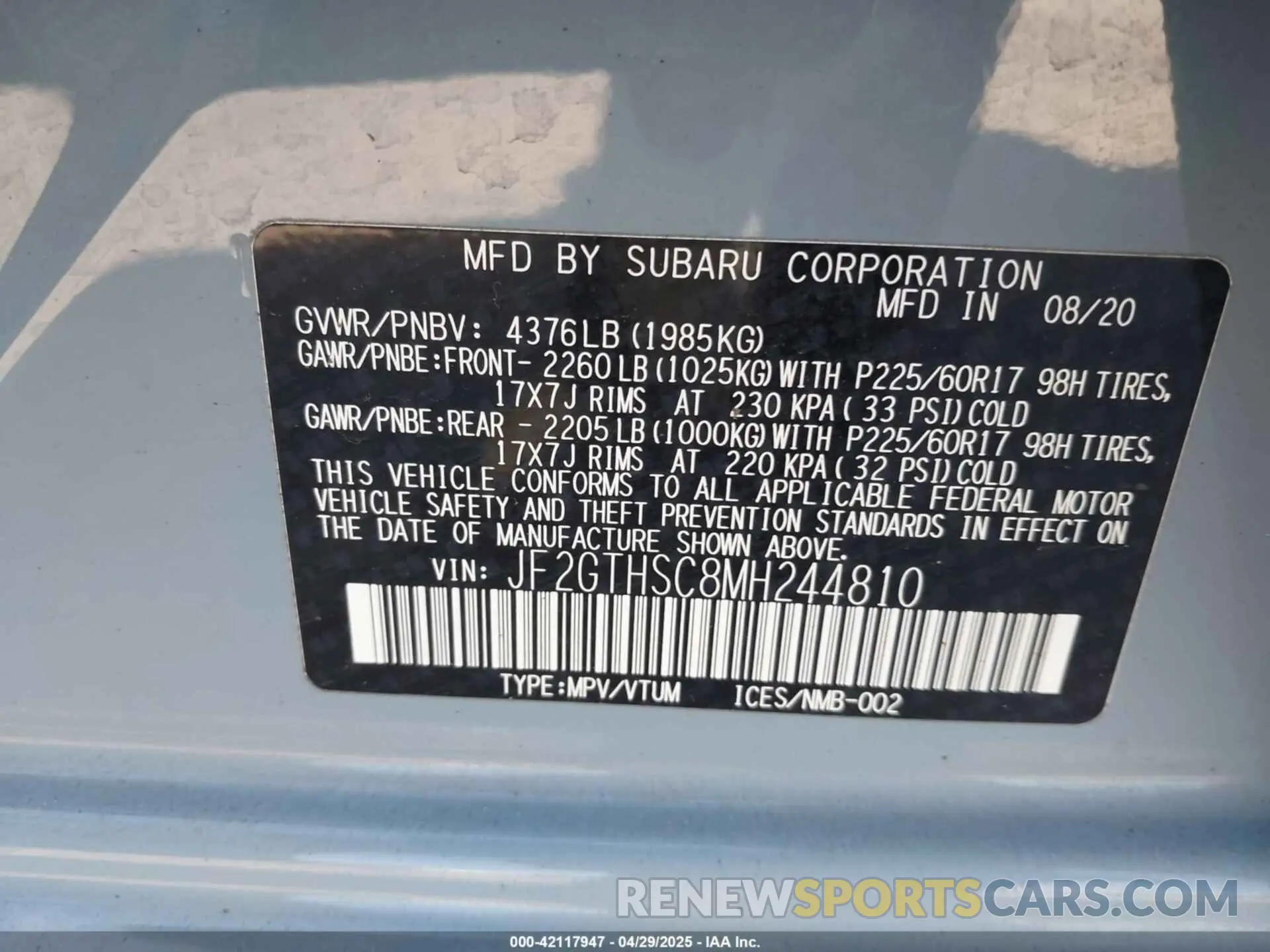 9 Photograph of a damaged car JF2GTHSC8MH244810 SUBARU CROSSTREK 2021
