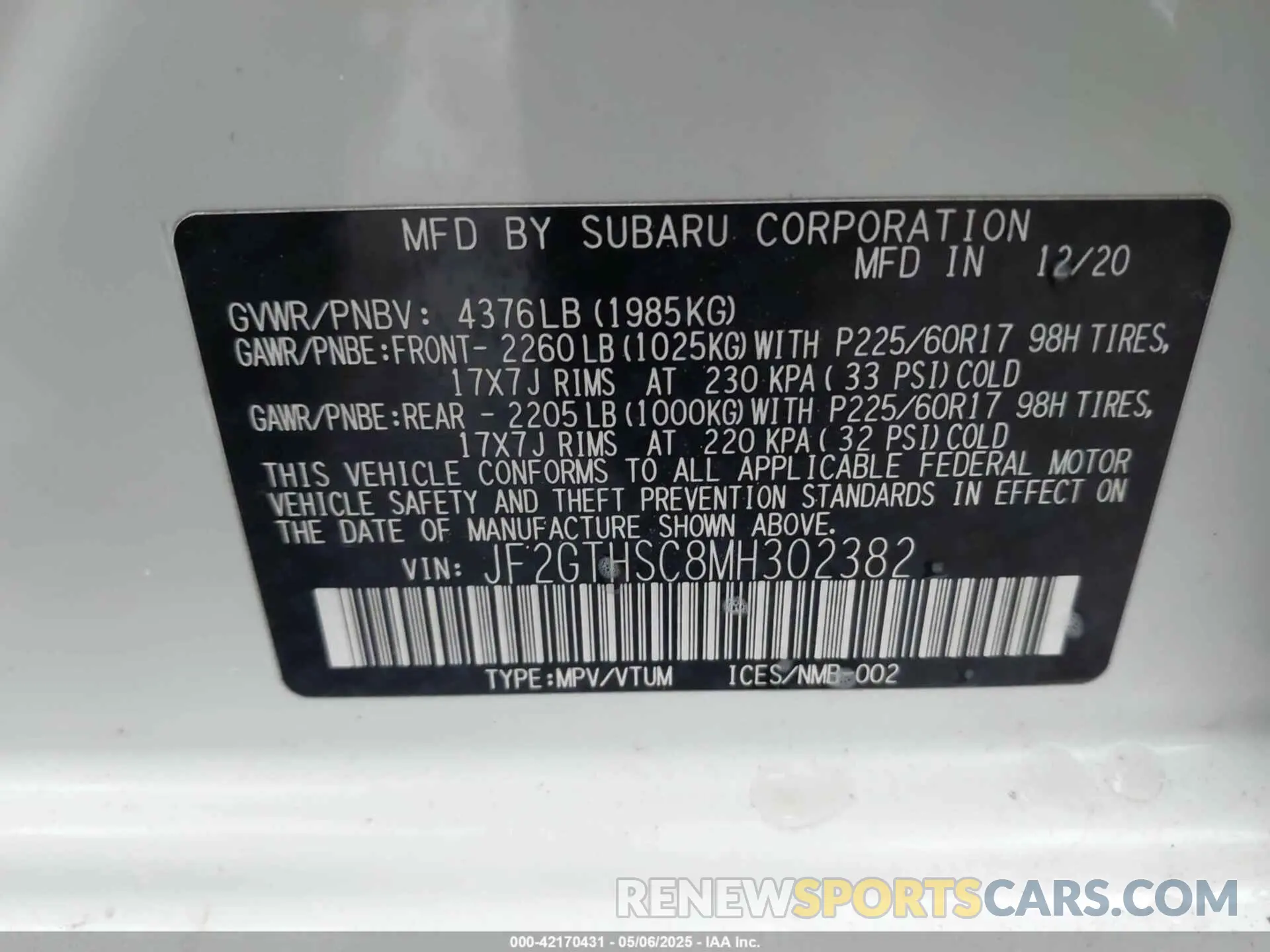 9 Photograph of a damaged car JF2GTHSC8MH302382 SUBARU CROSSTREK 2021