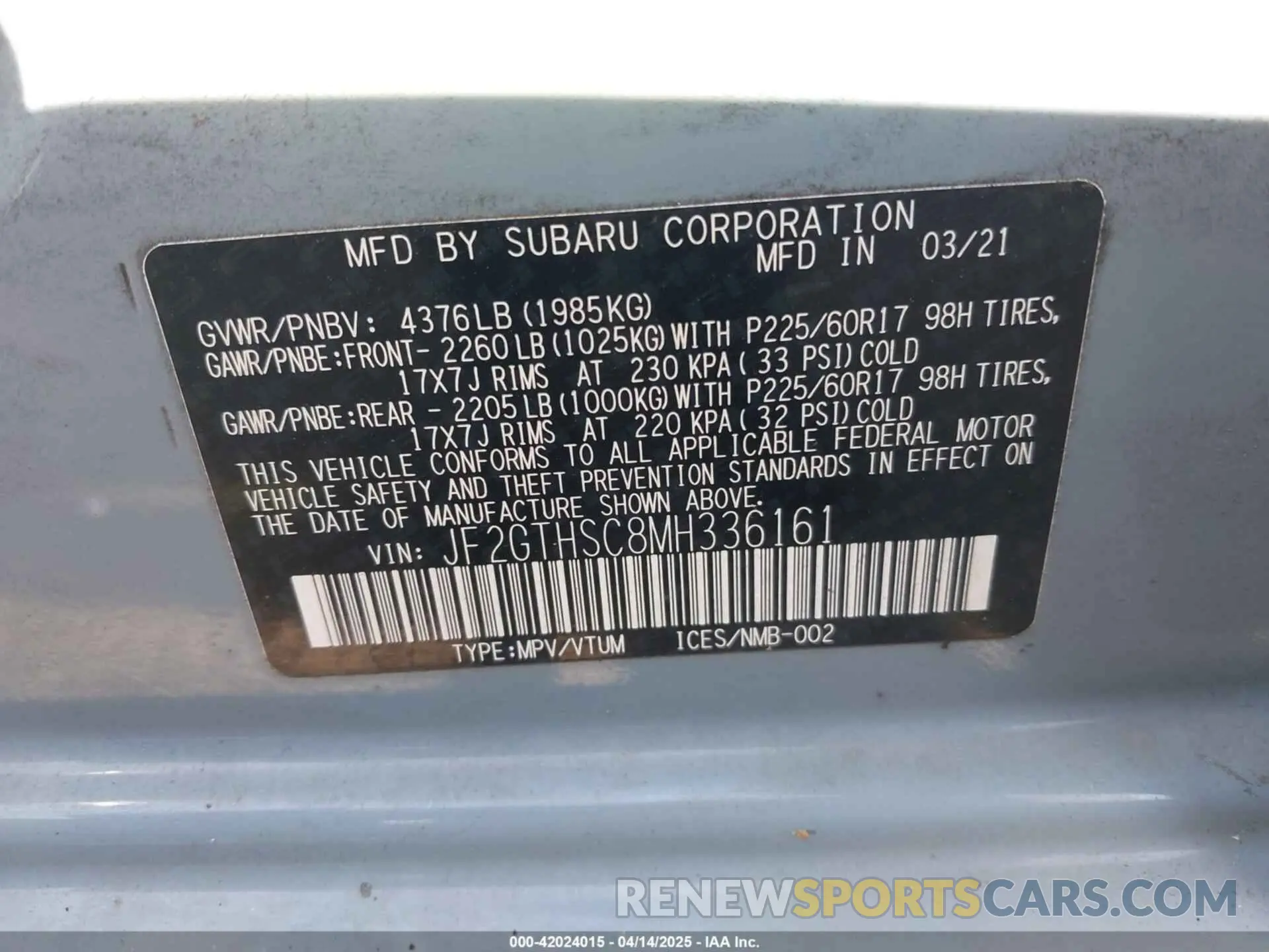 9 Photograph of a damaged car JF2GTHSC8MH336161 SUBARU CROSSTREK 2021