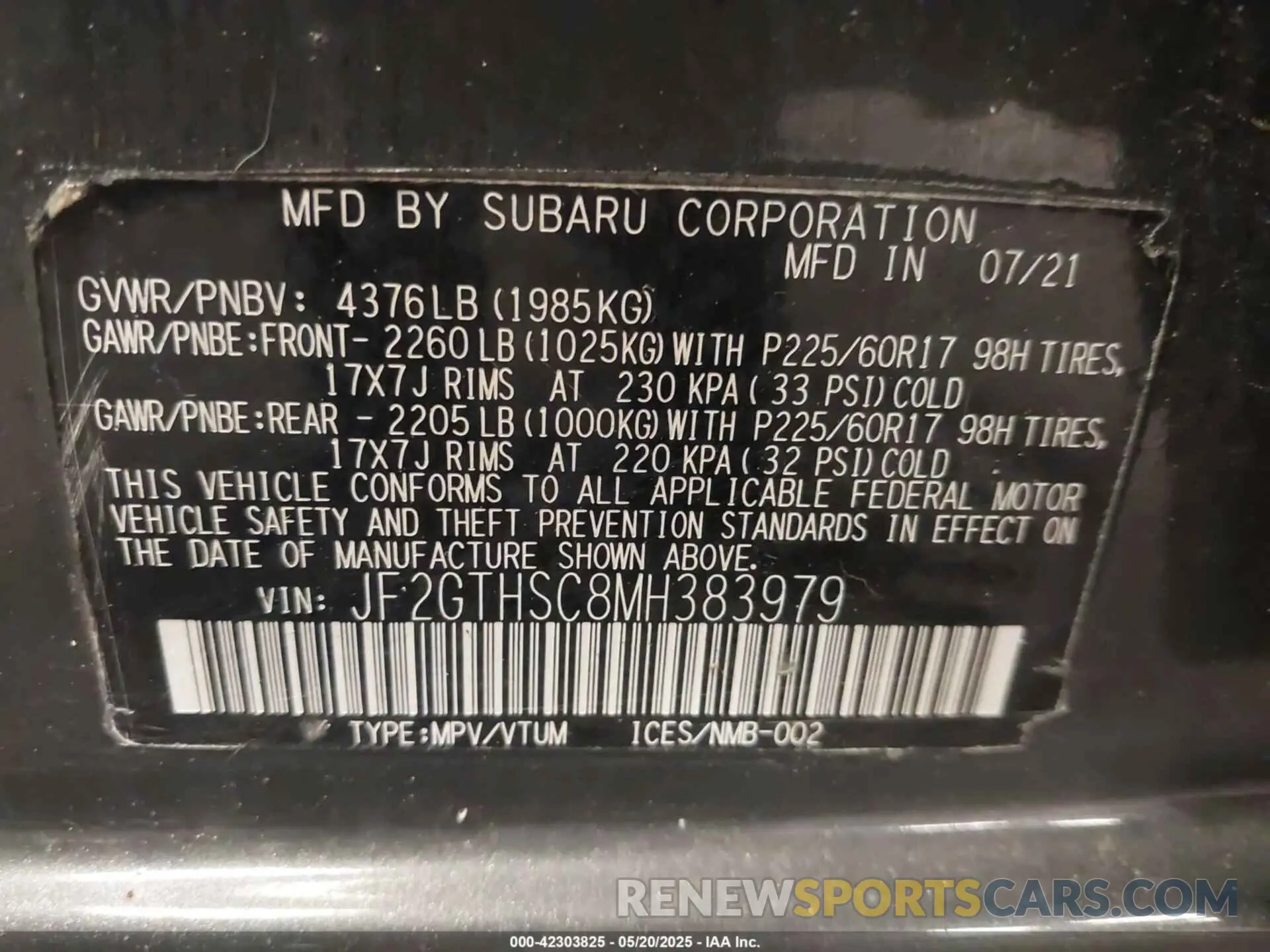 9 Photograph of a damaged car JF2GTHSC8MH383979 SUBARU CROSSTREK 2021