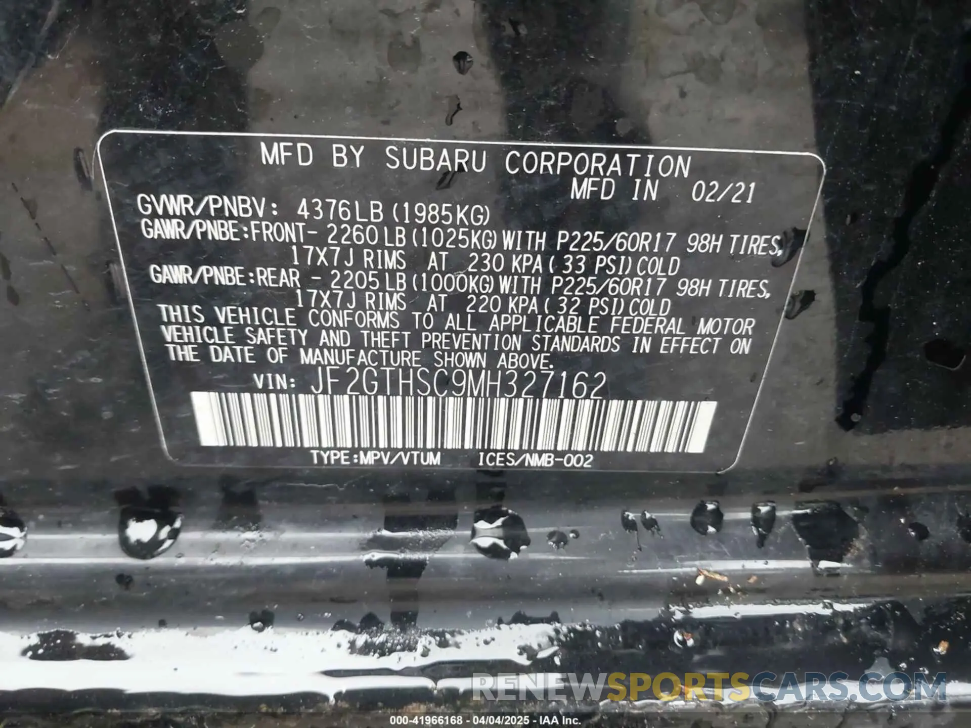 9 Photograph of a damaged car JF2GTHSC9MH327162 SUBARU CROSSTREK 2021