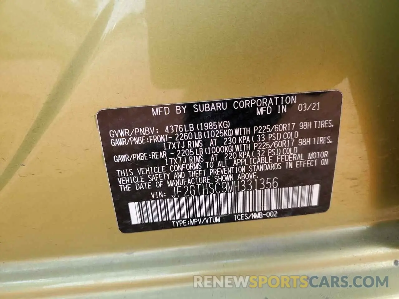 14 Photograph of a damaged car JF2GTHSC9MH331356 SUBARU CROSSTREK 2021