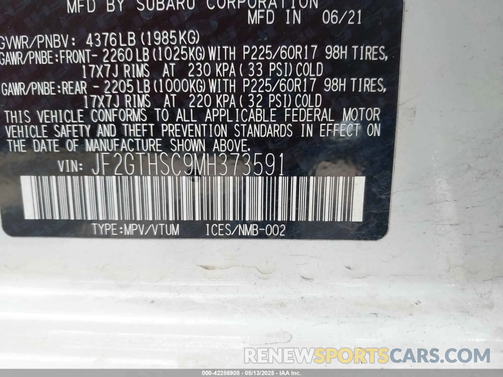 9 Photograph of a damaged car JF2GTHSC9MH373591 SUBARU CROSSTREK 2021