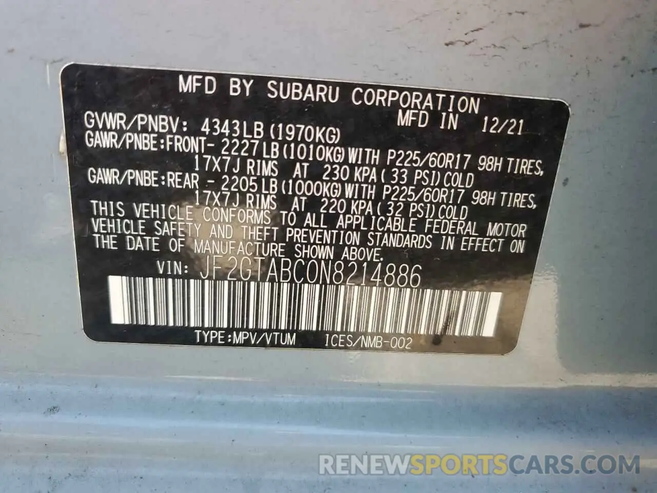 12 Photograph of a damaged car JF2GTABC0N8214886 SUBARU CROSSTREK 2022