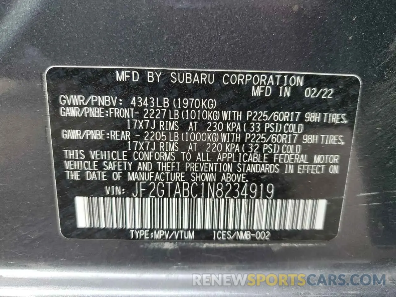 13 Photograph of a damaged car JF2GTABC1N8234919 SUBARU CROSSTREK 2022