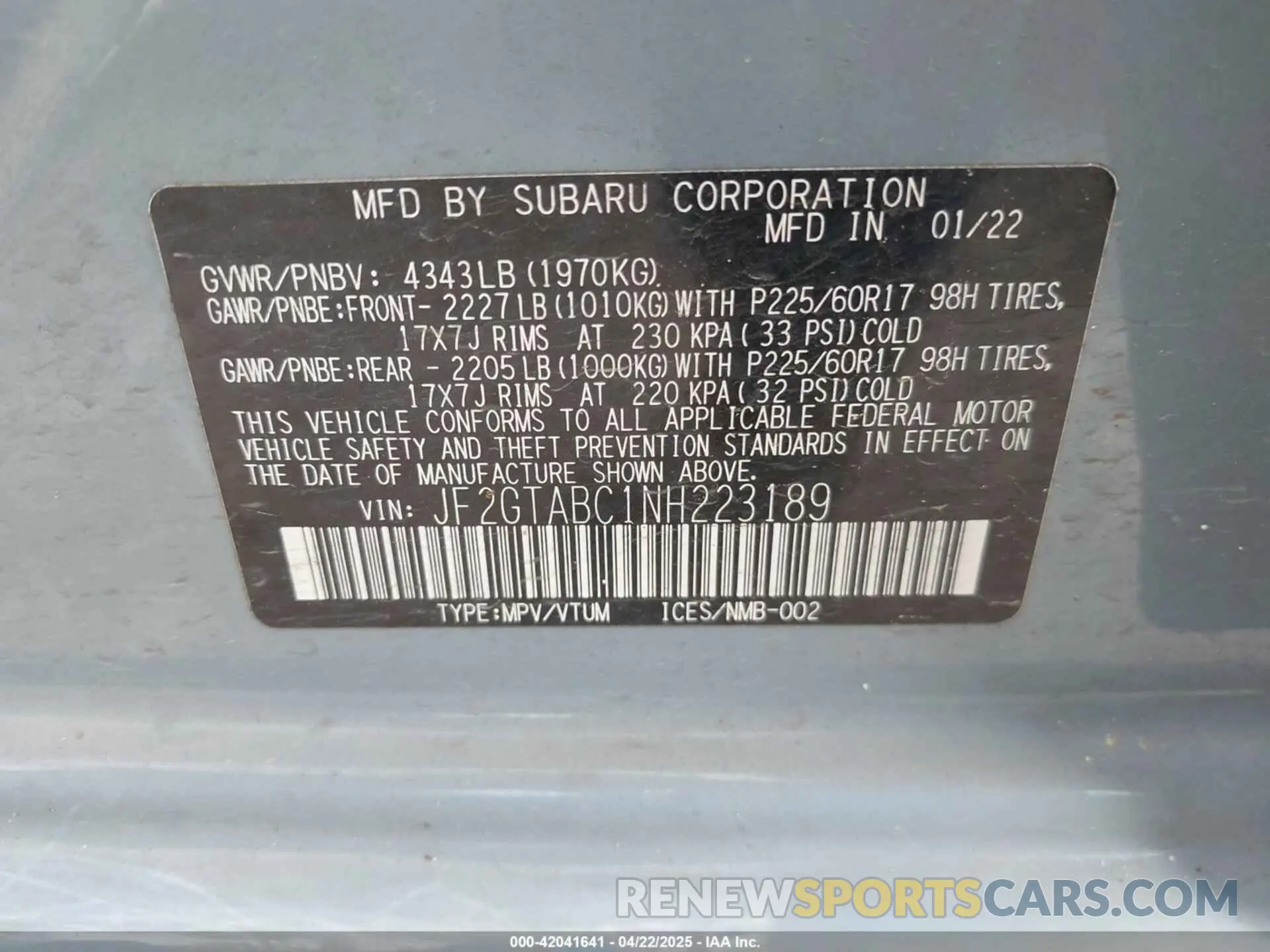 9 Photograph of a damaged car JF2GTABC1NH223189 SUBARU CROSSTREK 2022